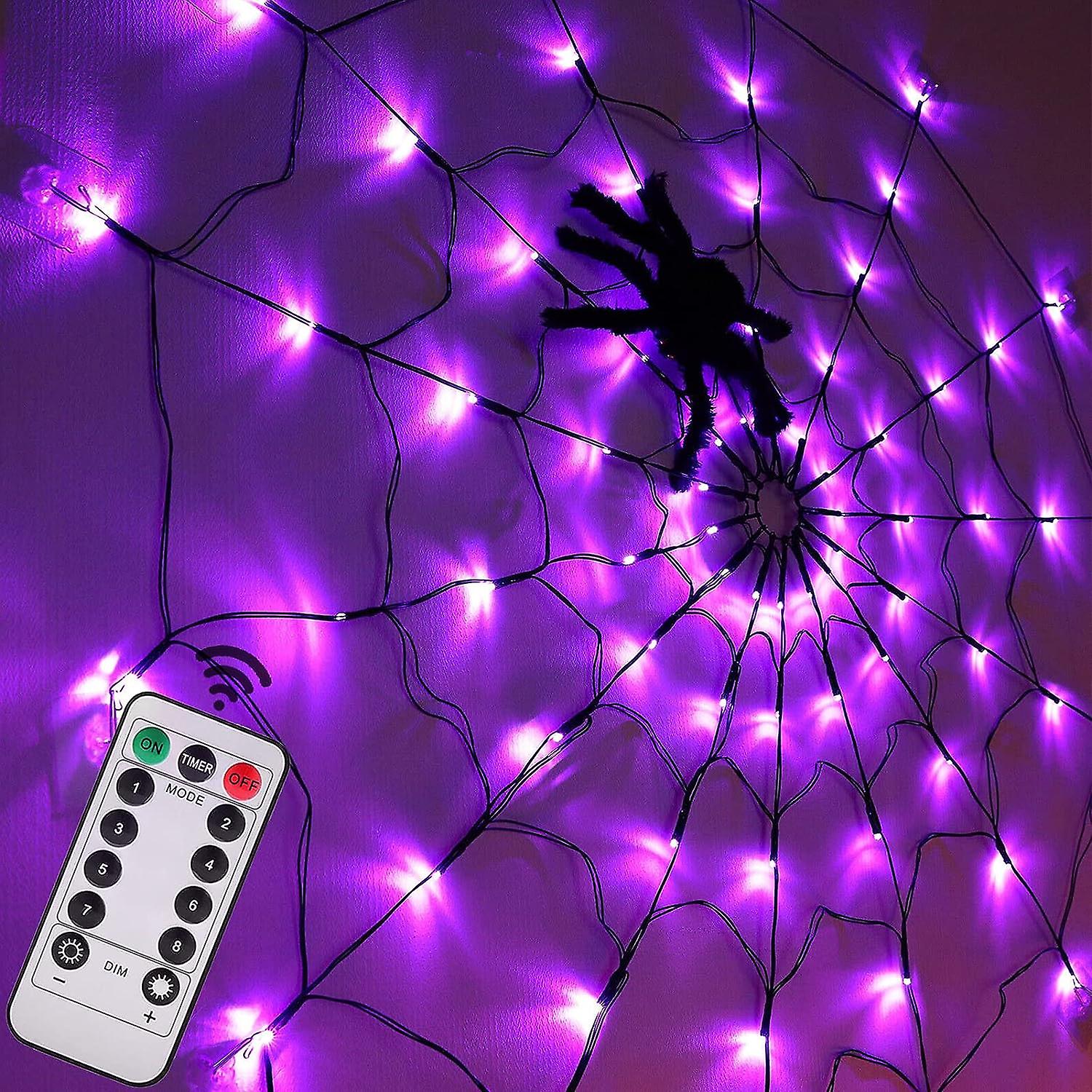 Halloween Spider Web Lights 4ft Diameter 70 Led With Black Spider, Waterproof Purple Net Lights, Remote Control, 8 Modes Cobweb Halloween Decorations