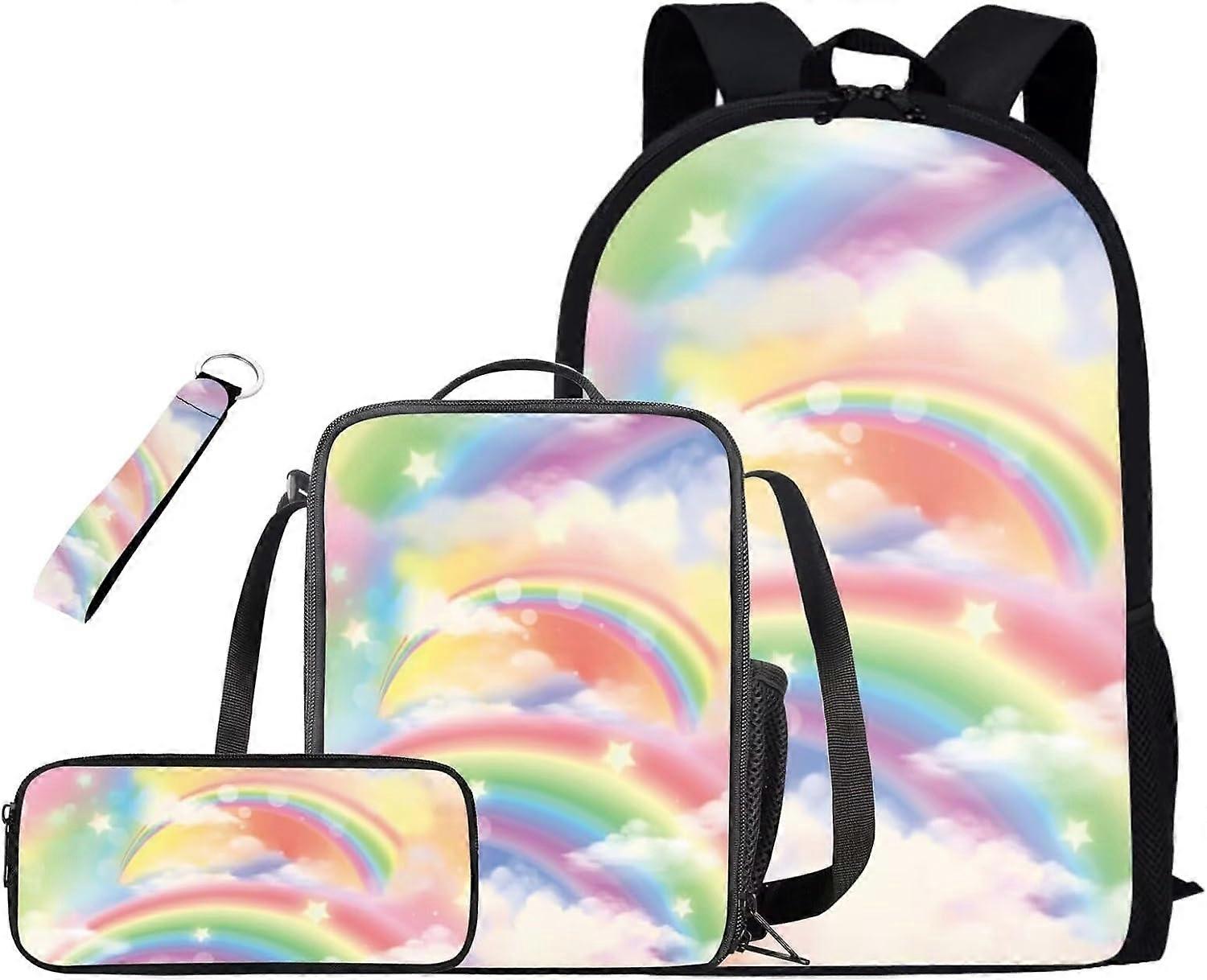 レインボープリントスクールバックパックセット4個キッズバックパック6-8男の子用ランチボックスペンシルケースとキーホルダー幼児ブックバッグ多機能ペンシルケース付き