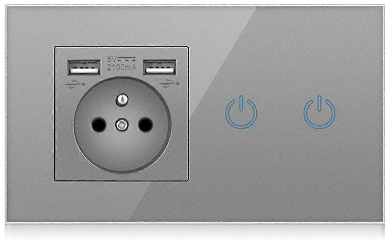 AB Akıllı Dokunmatik Işık Anahtarı 2 Gang + Fransız Soket + 2 USB Bağlantı Noktası Çıkış Gri Kristal Cam Panel 16A