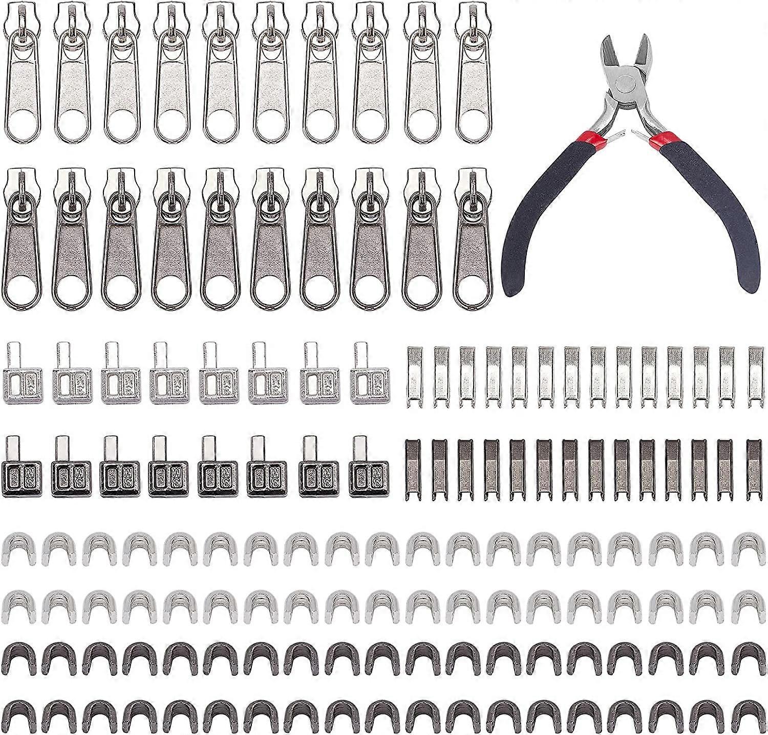 141pcs 3# Zipper Repair Kit Open-end Zipper Replacement Include Zipper Top Stopper Zipper Puller Retainer Insertion Pin Zipper Install Pliers for Fixi