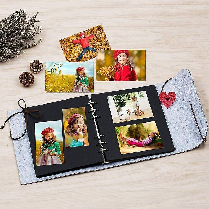 Album Fotografico Fai Da Te In Feltro Grigio Scuro: 19,5x18cm, Pagine Nere Con Anelli In Acciaio, Regalo Personalizzato Per Anniversario