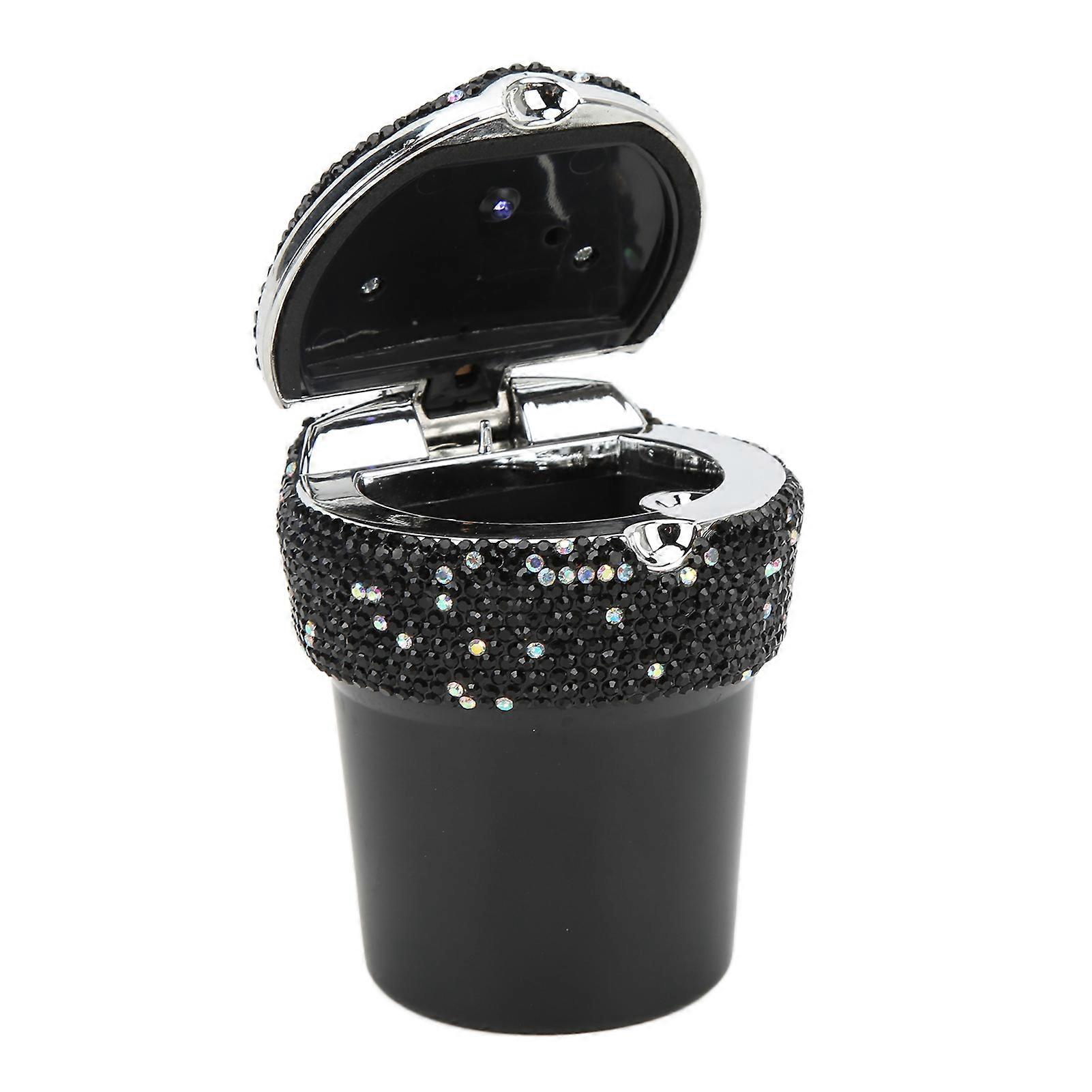 Car Ashtray DiamondStudded Smokeless Container with LED Light Indicator Multifunctional Universal(Black )