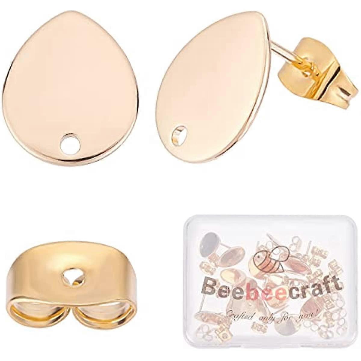 20Pcs 18K Gold Plated Teardrop Earring Findings Flat Plate Earring Posts Loop and Butterfly Earring Backs