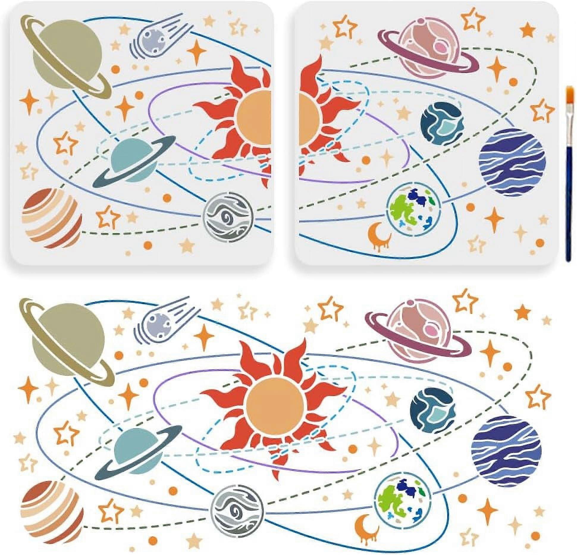 2pcs Planet Galaxy Star Stencil 21.410.5inch Splicing Large Outer Space Theme Stencils with Paint Brush