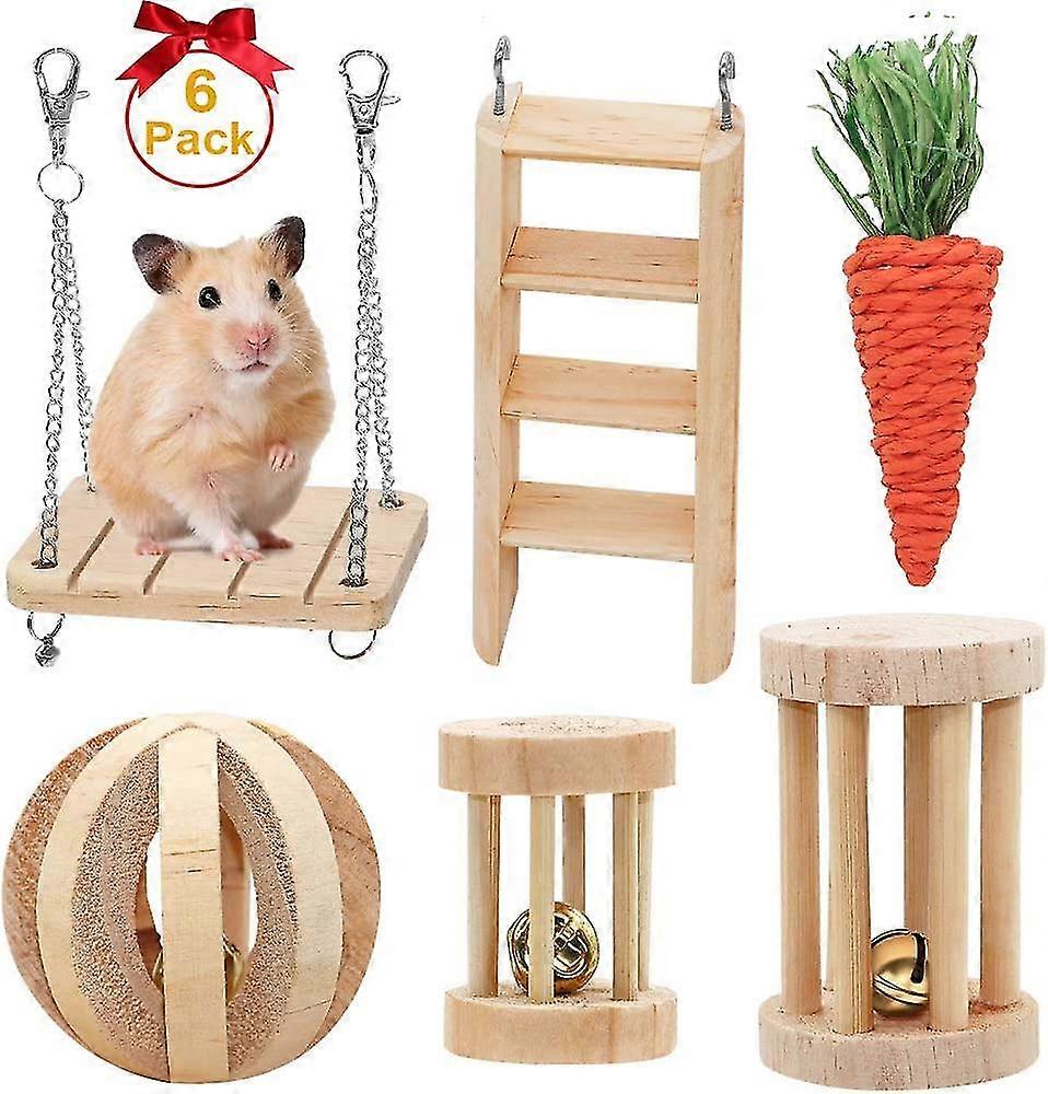 Hamster Chew Toys, 6 Pack Gerbil Rat Guinea Pig Chinchilla Wooden Pet Exercise Acsergery Gift