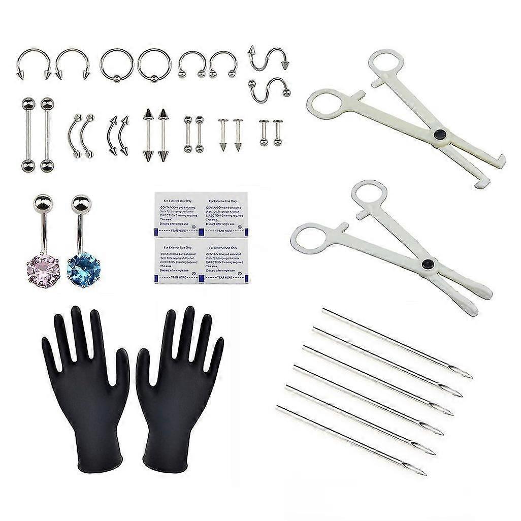 Piercing Set 37 stuks roze en blauwe diamant piercing set lichaam piercing sieraden wegwerp piercing tools