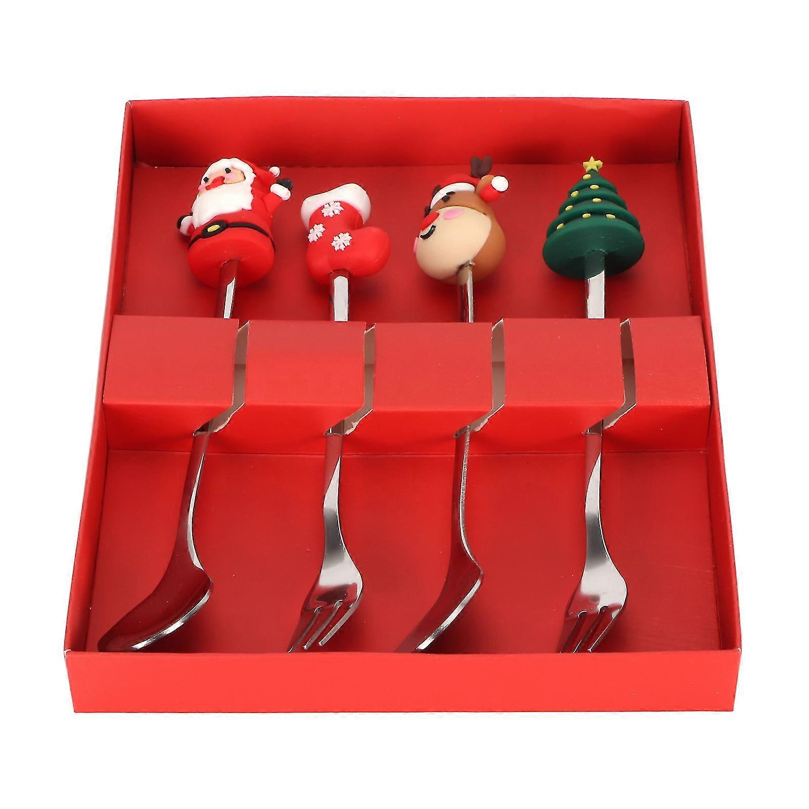 Elegant Set with Holiday Motifs 4PC Fork Spoon Set for Table Ice Cream Coffee Treats Gift Box Included