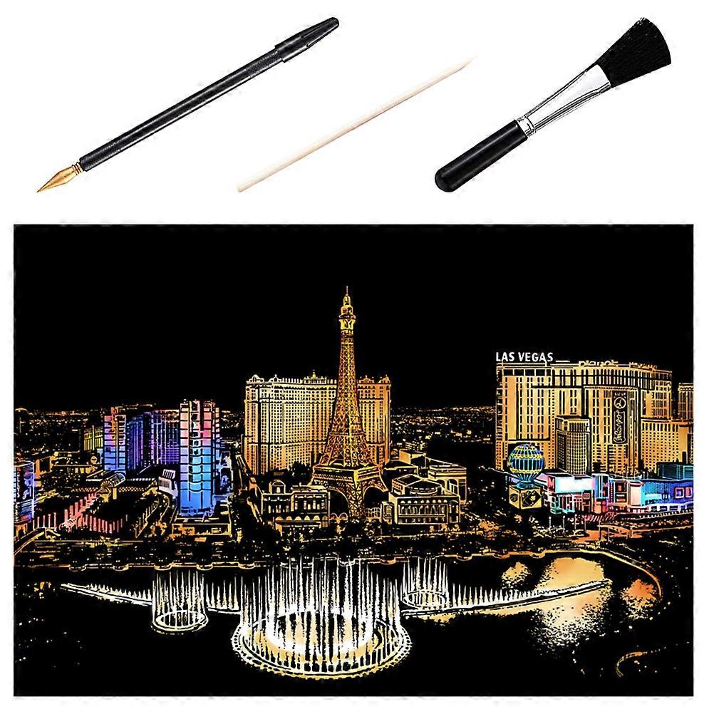 1 Set of 4pcs DIY Scratch Picture Las Vegas Nocturne Scratching Drawing Painting Paper Scratchboard with Bamboo Stick Gold-plated Pen Brush