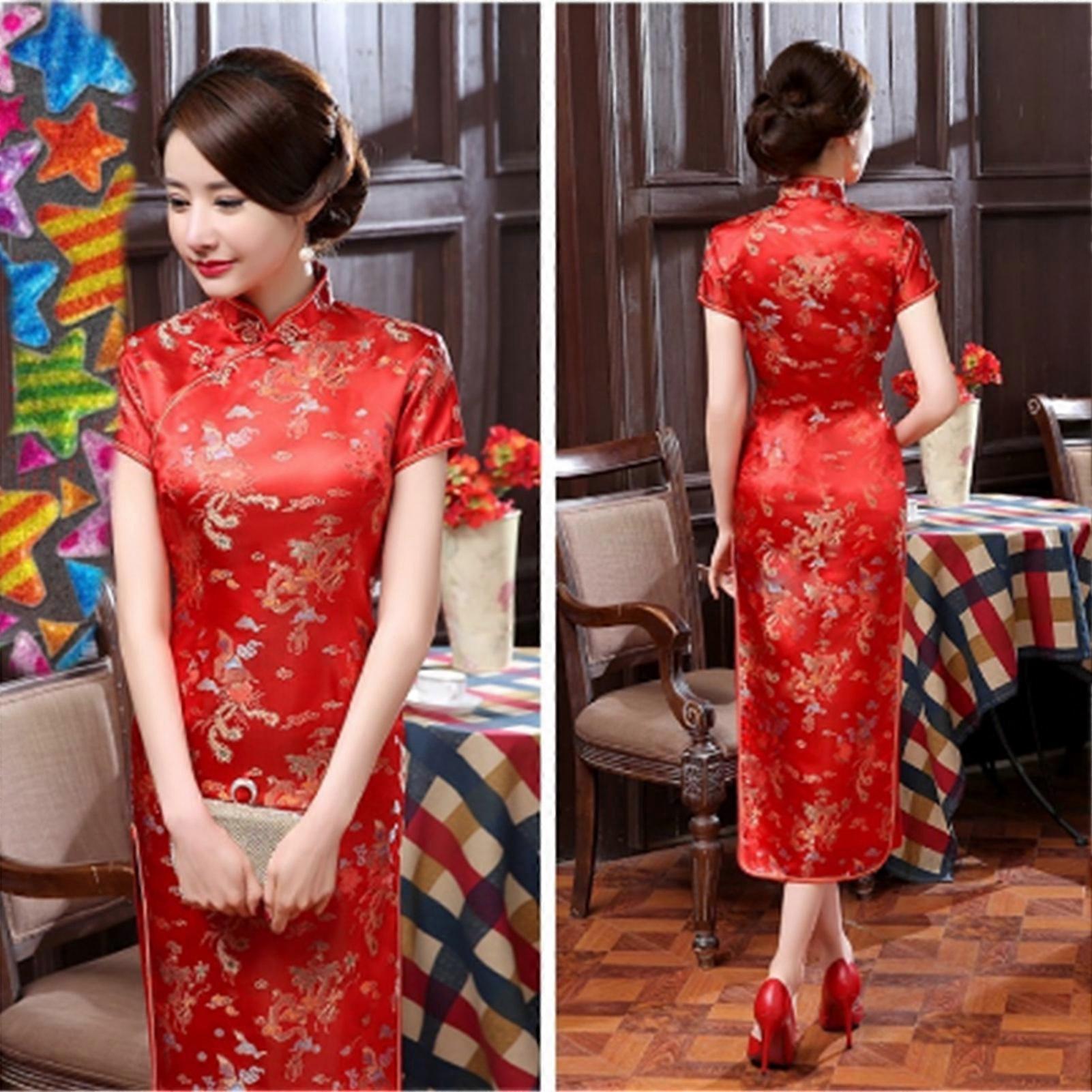 Chinese Cheongsam Short Sleeve High Neck Formal Women Side Split Velour Evening Dresses