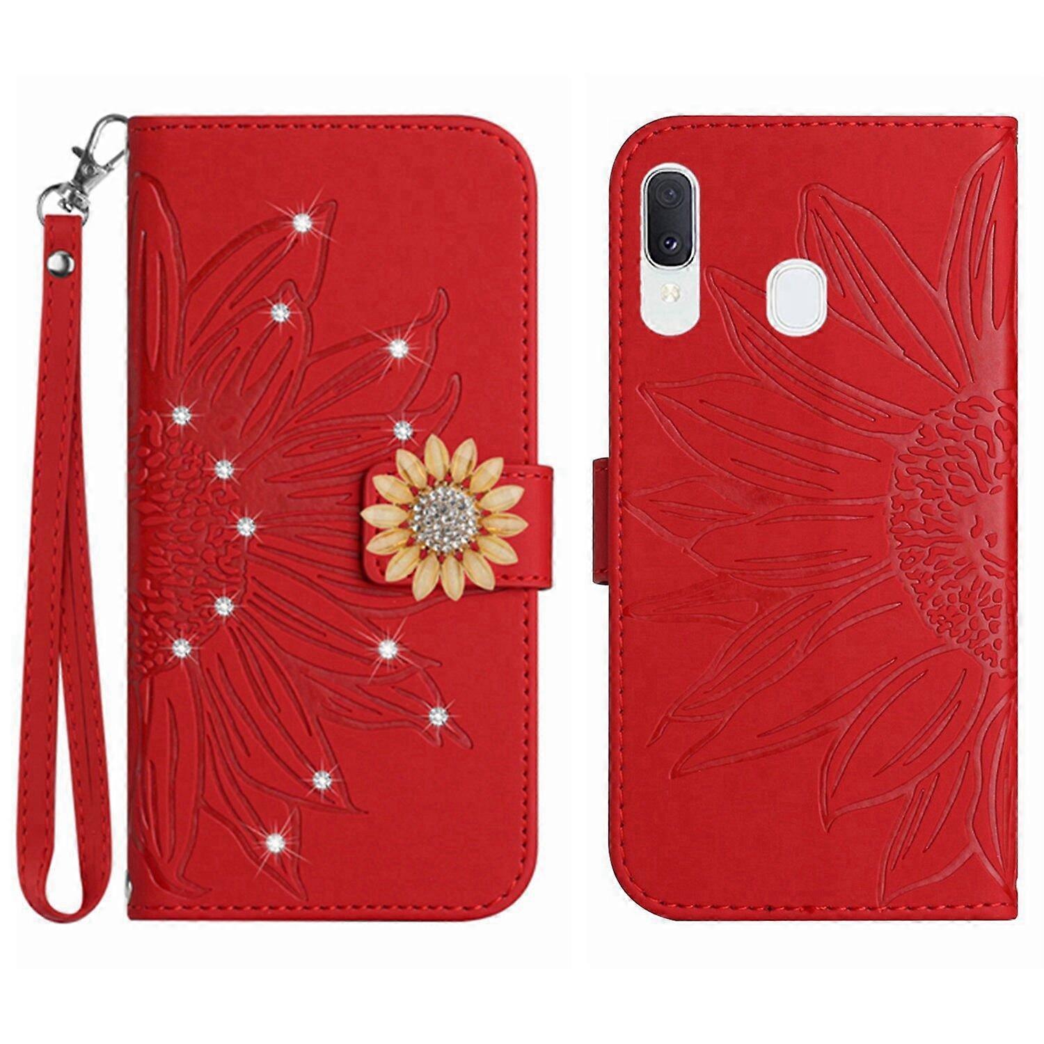 Compatible With Samsung Galaxy A40 Embossed Sunflower with Diamonds Magnetic Card Holder Wallet Phone Case with Short Strap