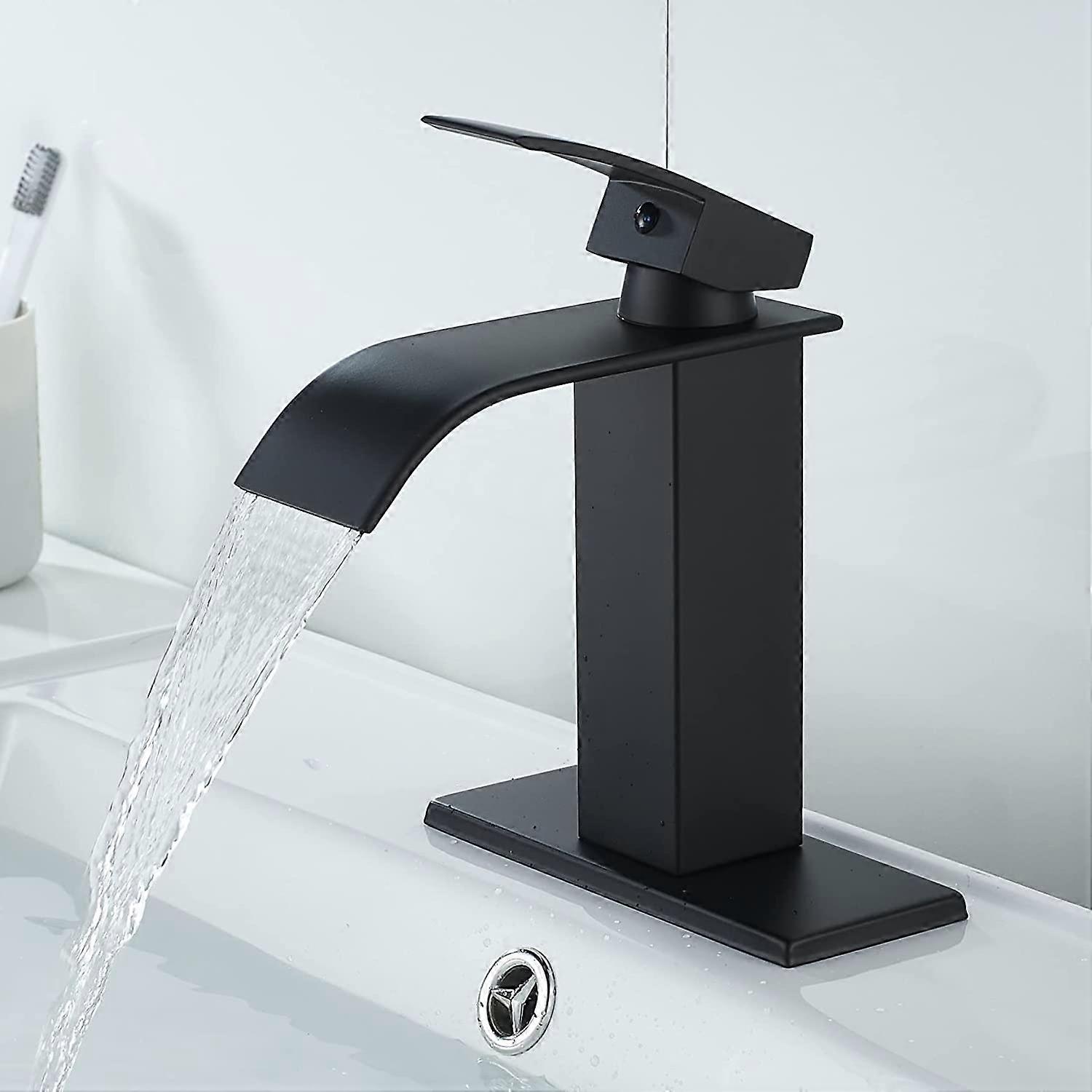Basin Mixer Tap Matte Black Waterfall Bathroom Faucet, Modern Style Flat Mouth Single Handle 1 or 3 Hole Single Handle Basin Sink Faucets with Deck Mo