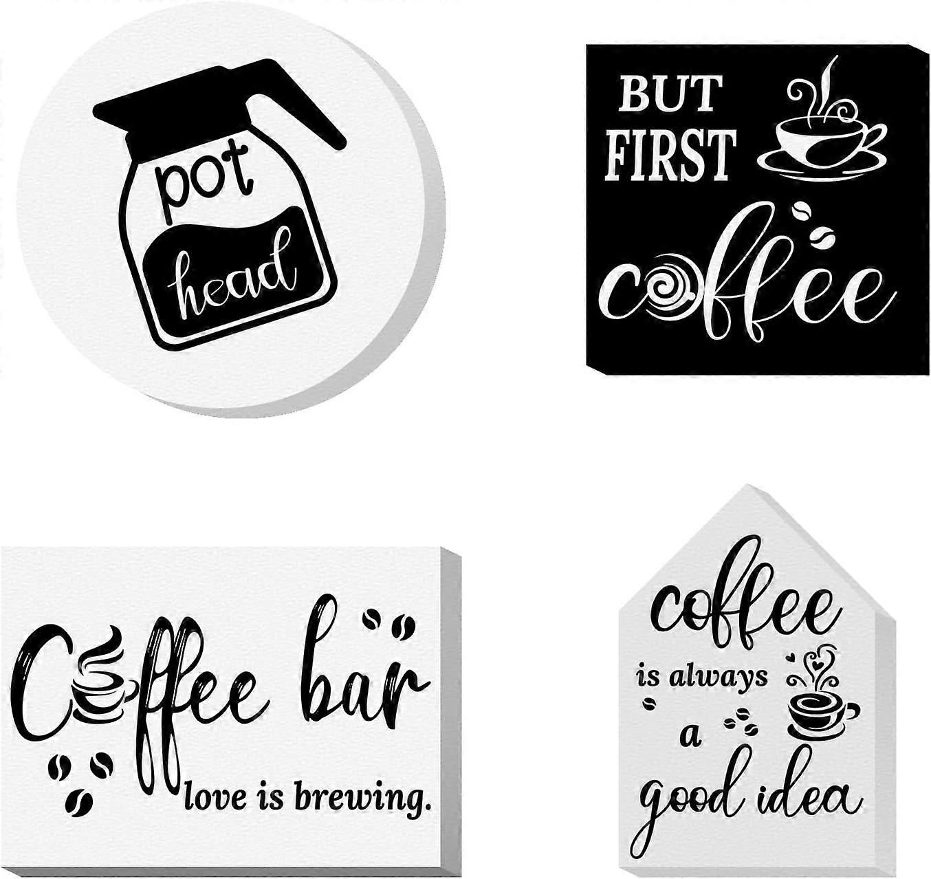 4pcs/Set Wood Sign Coffee Theme Tiered Tray Decor Set Self Standing 3D Wood Sign for Craft Projects Signs DIY Projects Square Round Rectangle Polygon