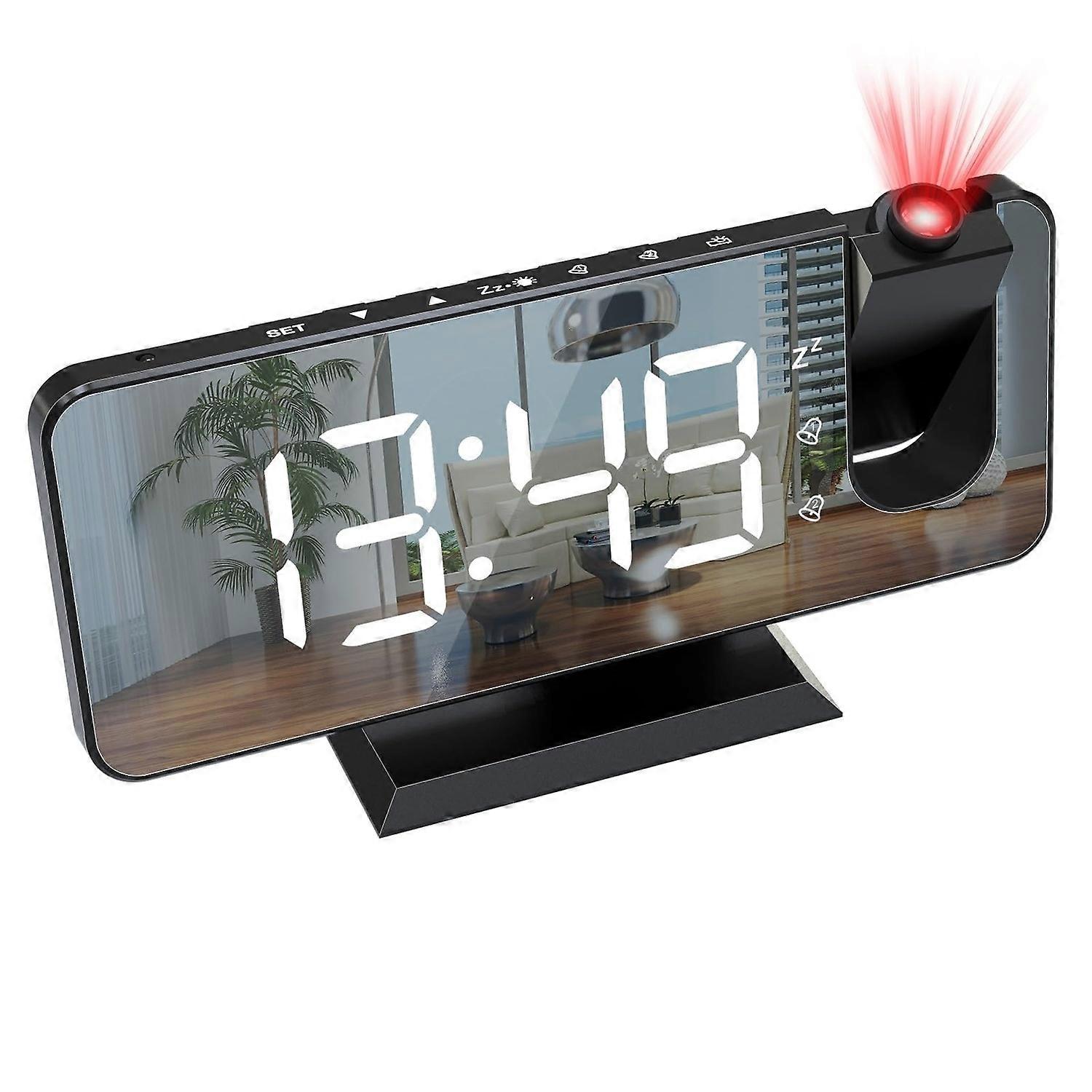 Projection Alarm Clock for Bedroom Large 7.4'' LED Mirror Display Alarm Clock with USB Charging 180°