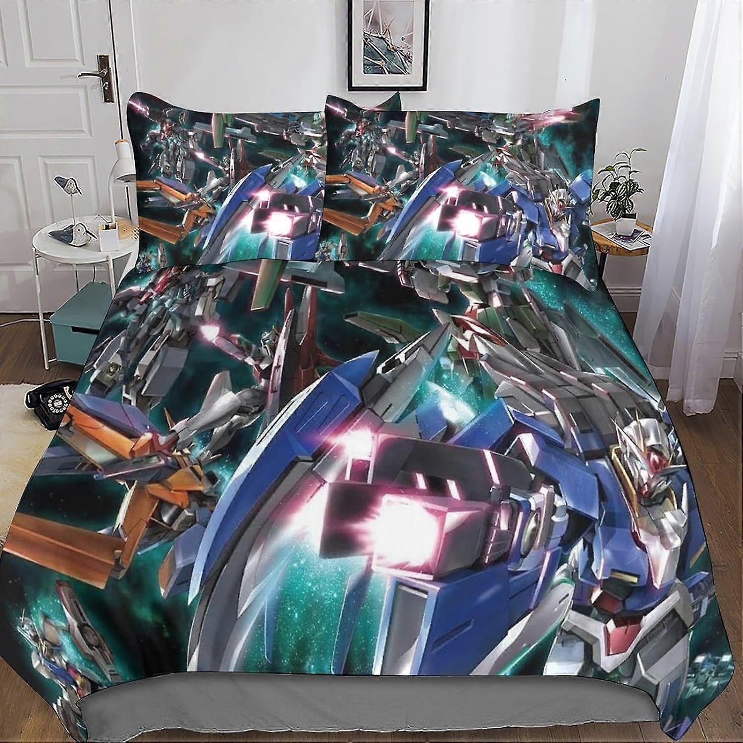 Gundam Bedding Set 3D Duvet Cover, Printed 3 Pieces, Microfiber Bedding with Zipper Closure Pillowcases for Single or Double Bed