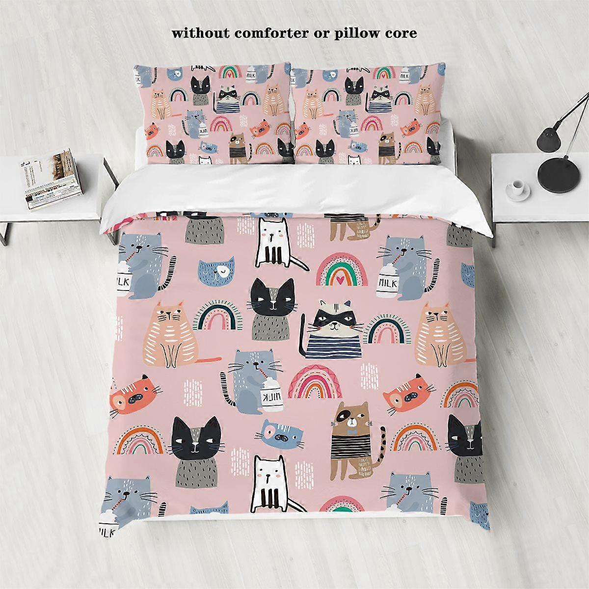 x570 lakan-stycke dunpåslakan med tecknad kattmönster tryck (dunpåslakan örngott, ingen kärna) Mjukt sängkläder 3-delat sängkläder (