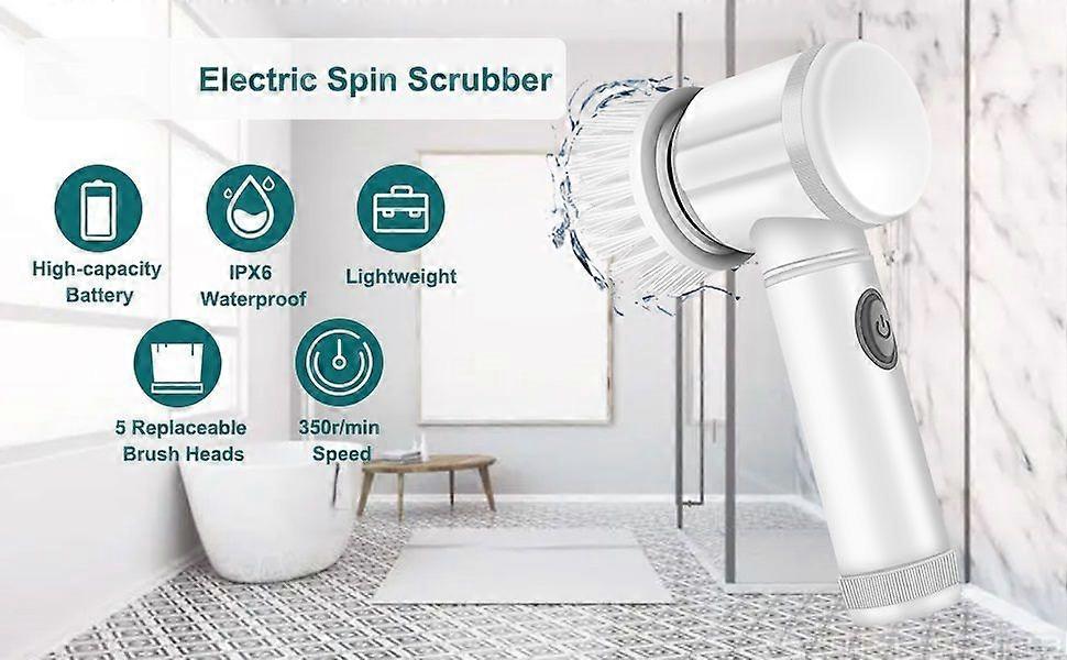 Electric Cleaning Brush Cordless Spin Scrubber with 5 Replaceable Brush Heads