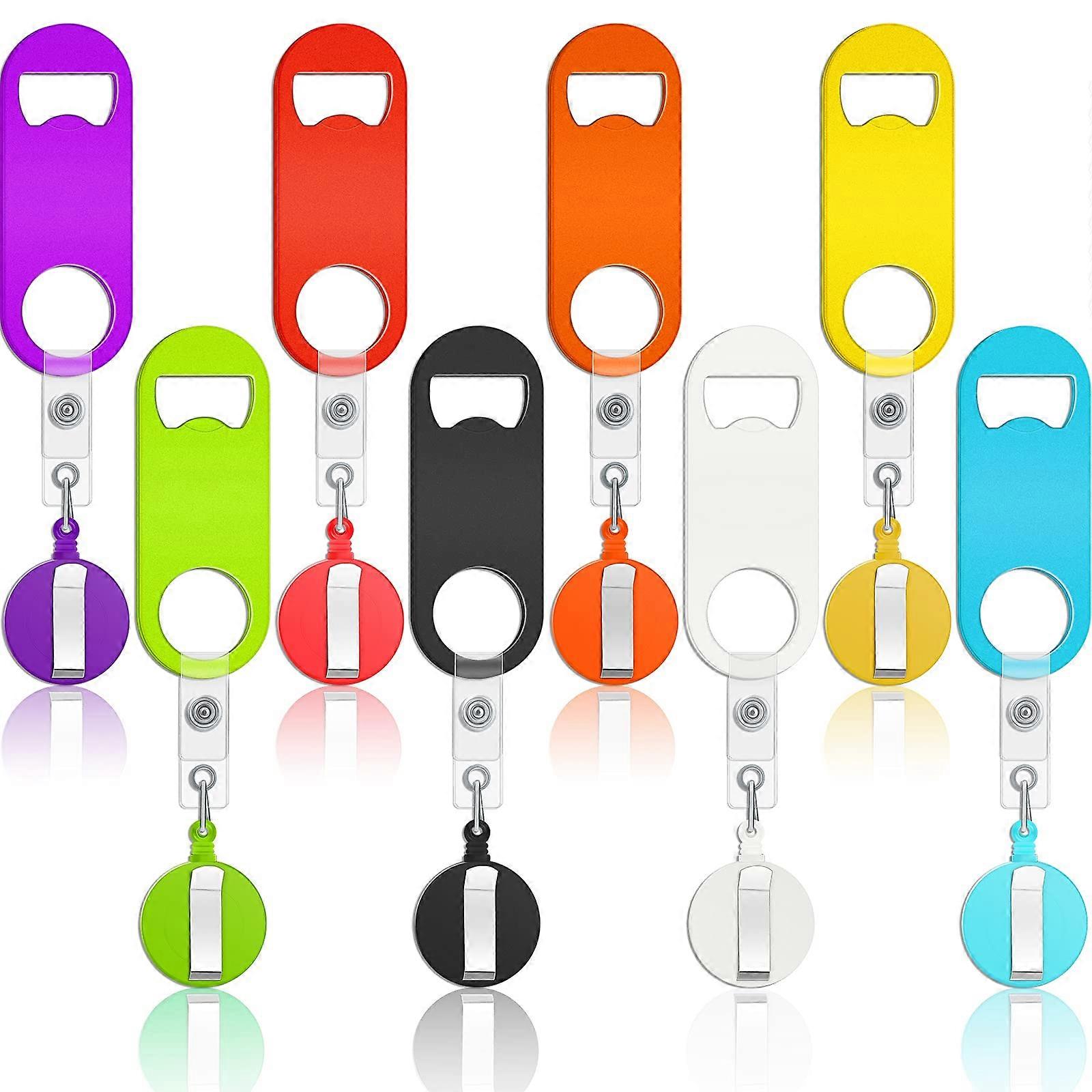 8-Piece Retractable Bottle Opener Set with 8 Round Badge Reel Clips