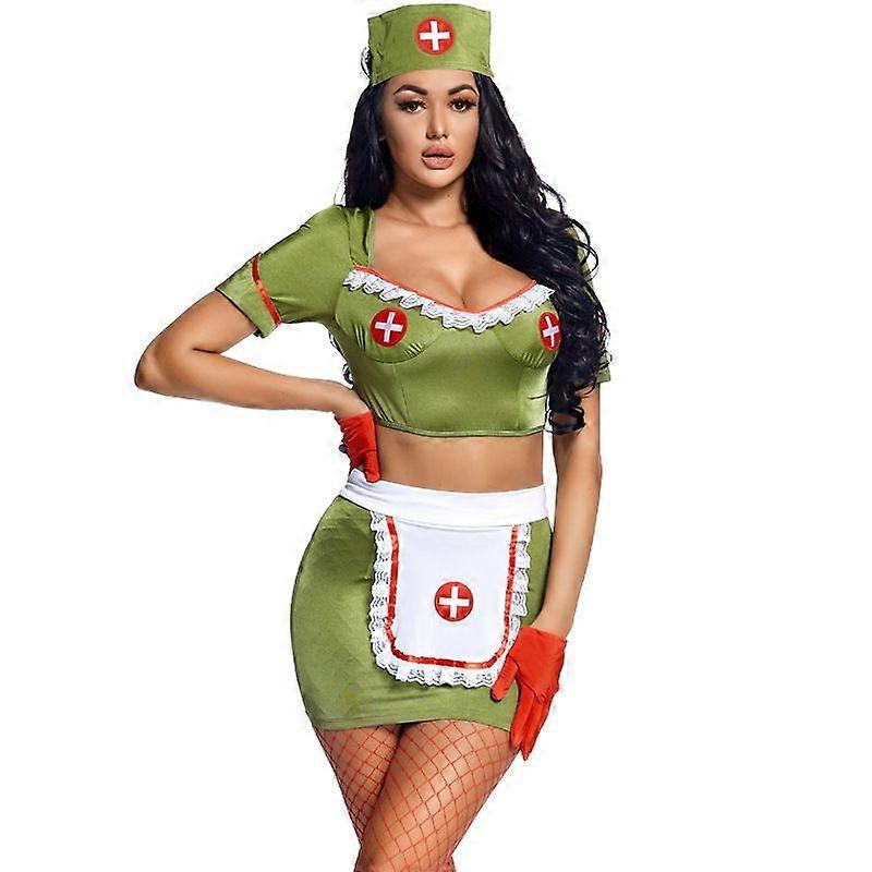 Halloween cosplay professional role play nurse costume with net stockings green split backless tight skirt
