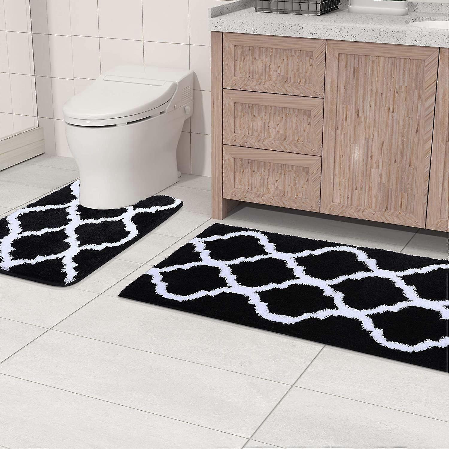 kylpyhuoneen matto 2-osainen setti mikrokuituinen kylpyhuoneen suihkumatto ja U-muotoinen wc-matto, musta, 17"x47"+20"x24",F84269