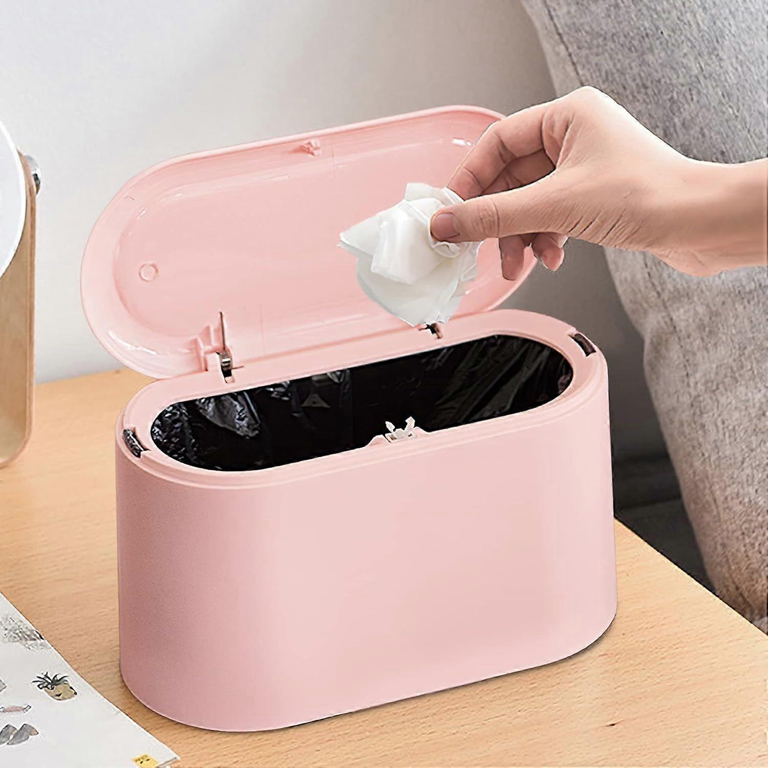 Mini Trash Can with Lid Removable Small Garbage Can, Tiny Plastic Trash Bin, Pop Up Countertop Wastebasket, Counter Garbage Lint Bin (Pink)