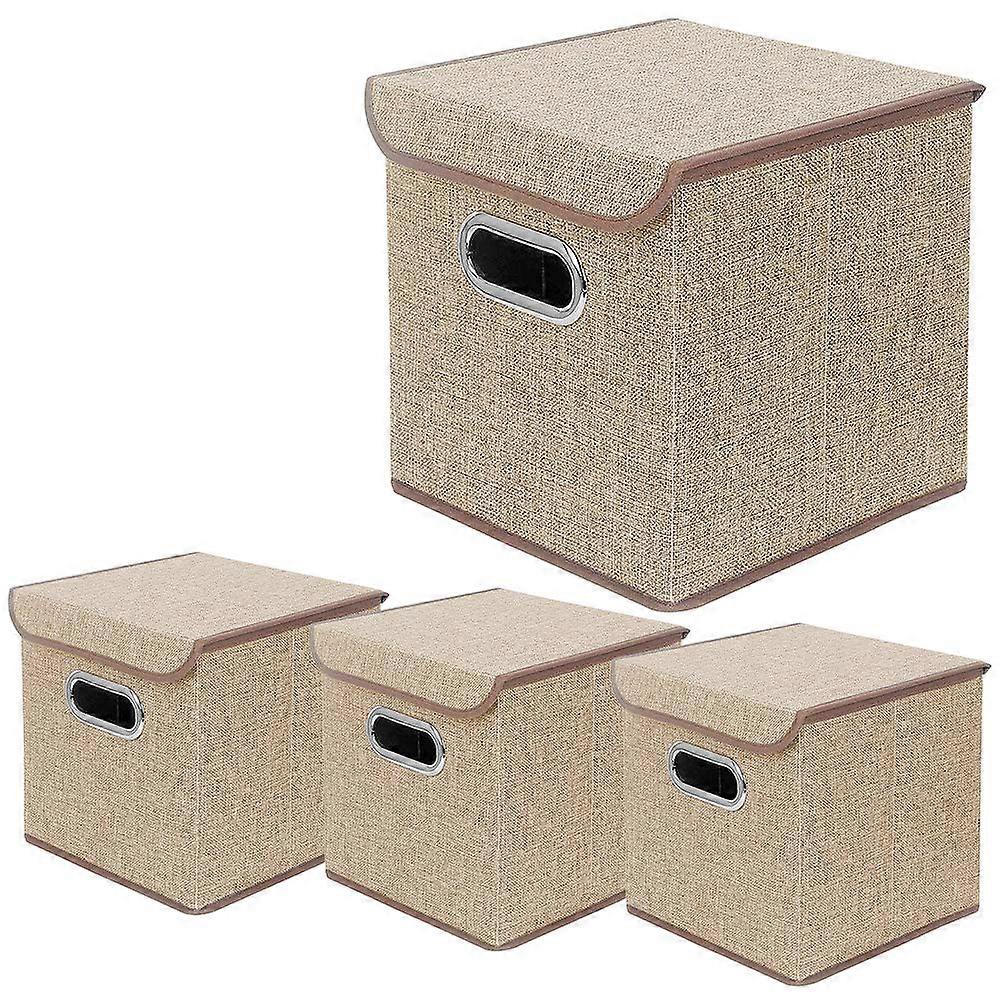 Storage Bin Set of 4, 10 x 10 x 10 Inches Beige Linen Fabric Foldable Container with Lid, Collapsible Organizer Boxes