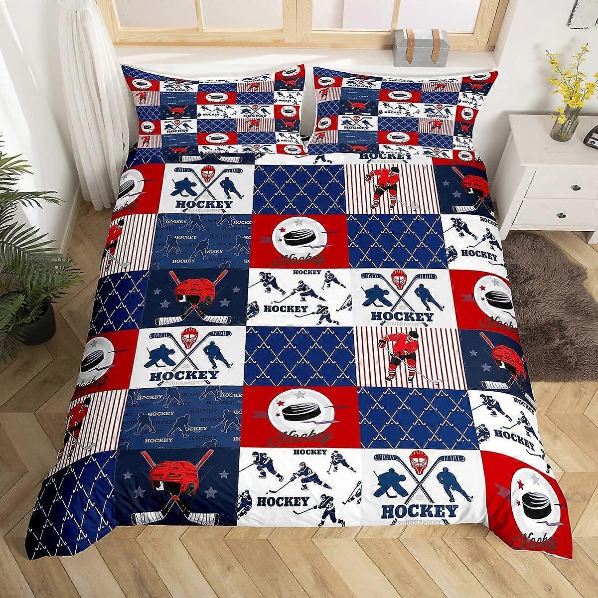 Ice Hockey Duvet Cover Set Full Size, Geometric Check Patchwork Bedding Set for Kids Teens, Blue Red Quilt Cover with 2 Pillowcases