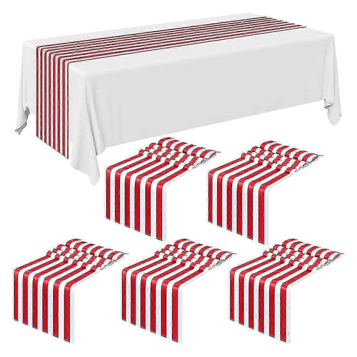 6 Pieces Striped Table Runner Wedding Polyester Table Decor Red White Striped Design Tablecloth Dec
