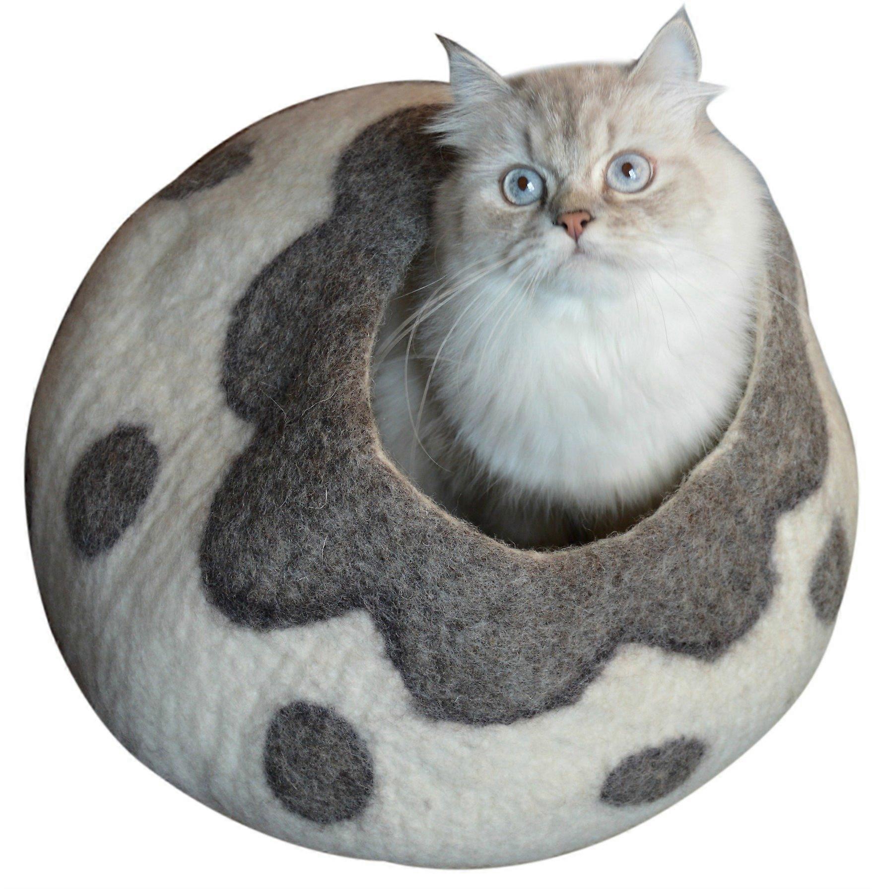 Cat Cave Bed Gray White Handmade Felted Wool, Large Covered Cozy Cocoon, Indoor Hideaway Igloo House, Also Kitten Gift, by (Cozy Pueblo)