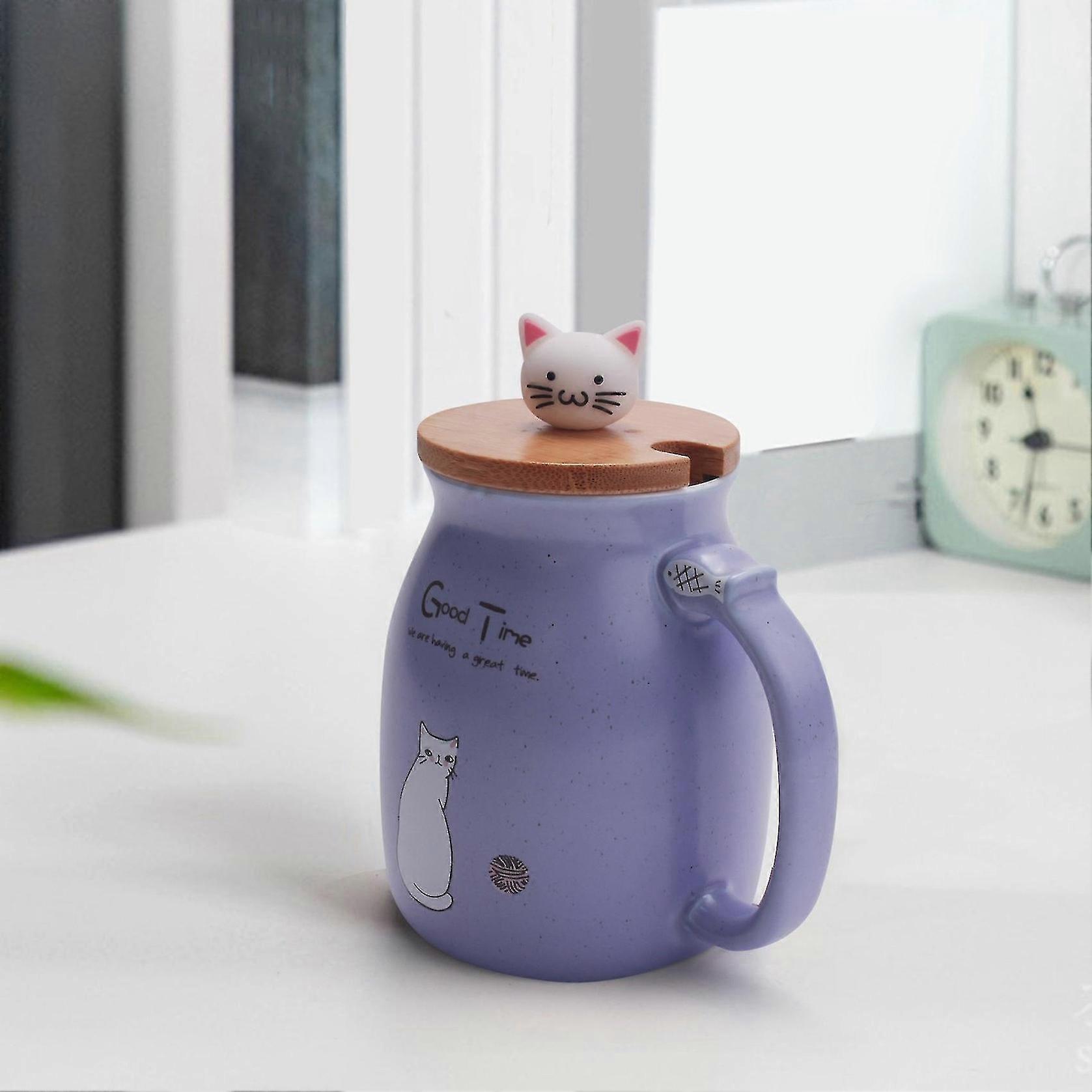 Mug, with Cute Cat - themed Design, Bamboo Lid, Spoon Included, and Inspirational Quote "Good Time" Printed on It