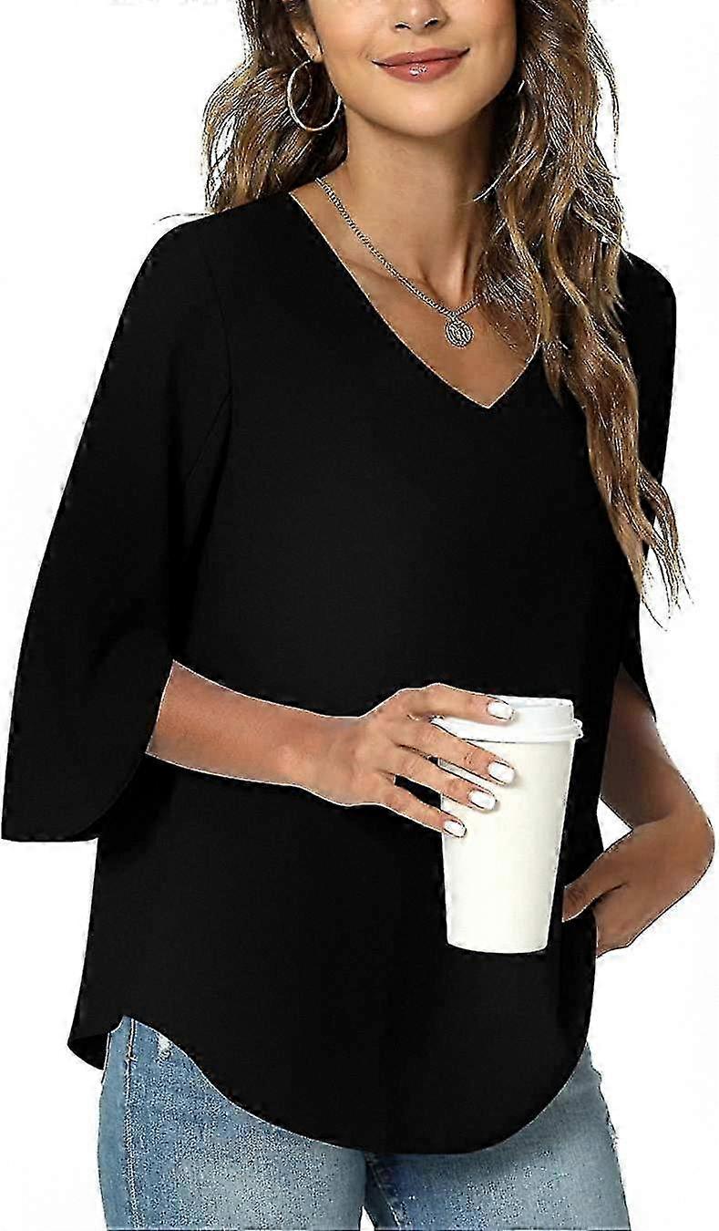 2023 بلوزة تونيك فضفاضة بياقة V للنساء مع أكمام منقسمة 3/4 للقماق, بلوزة صيفية خفيفة الوزن من الشيفون
