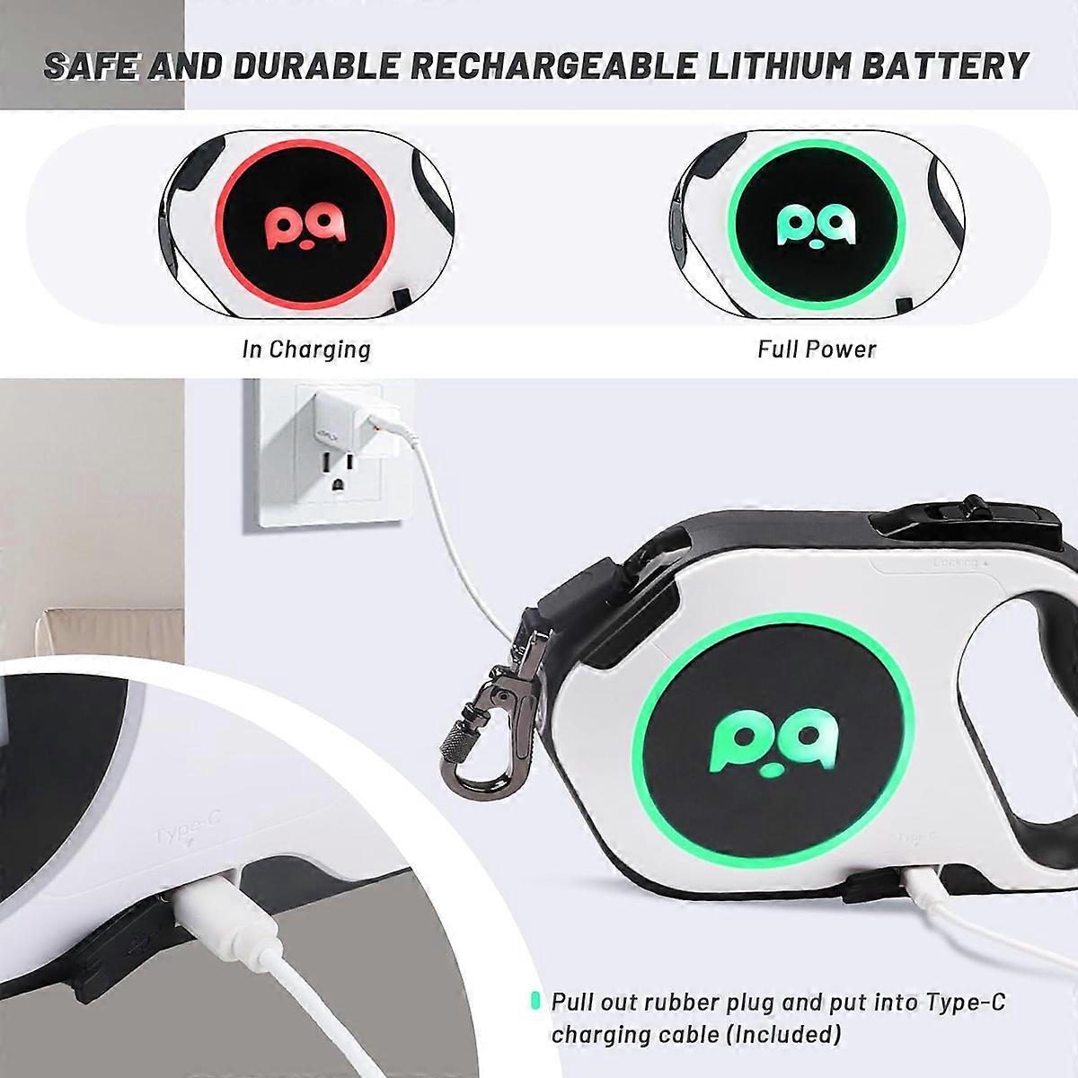 Retractable Dog Leash with Rechargeable LED Light White