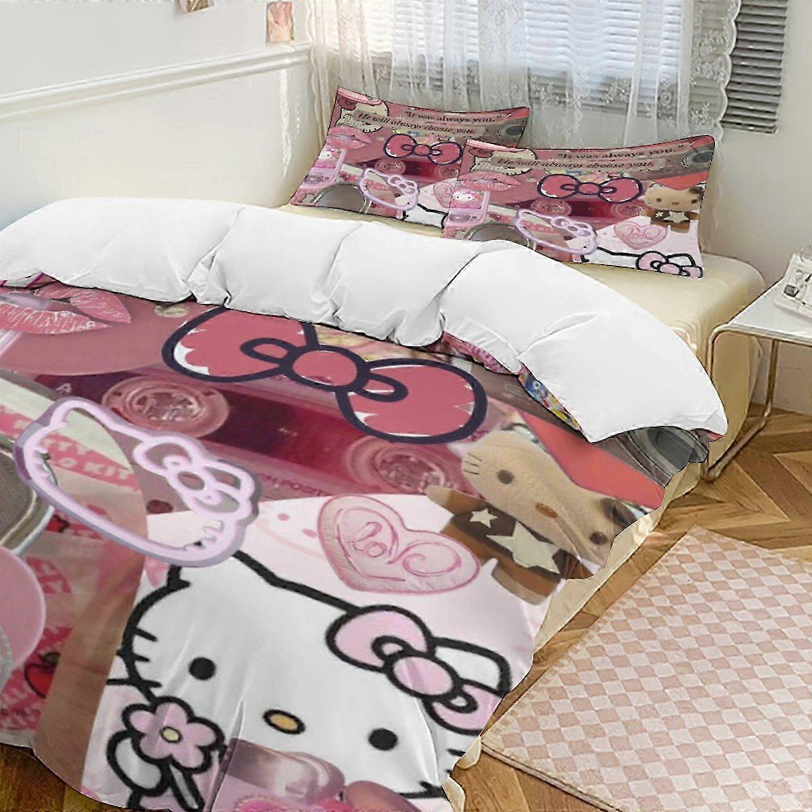 Hello Kitty 3-delat sängkläder set - påslakan + 2 örngott för barn och vuxna, tecknad varm söt gåva