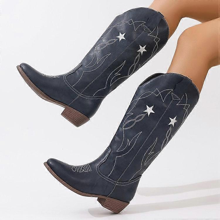 Women's Cowboy Boots Anti-Slip Tall Wide Calf Cowgirl Boots Embroidered Western Pointed Toe Chunky Block Heel Pull On Knee High Boots for Women