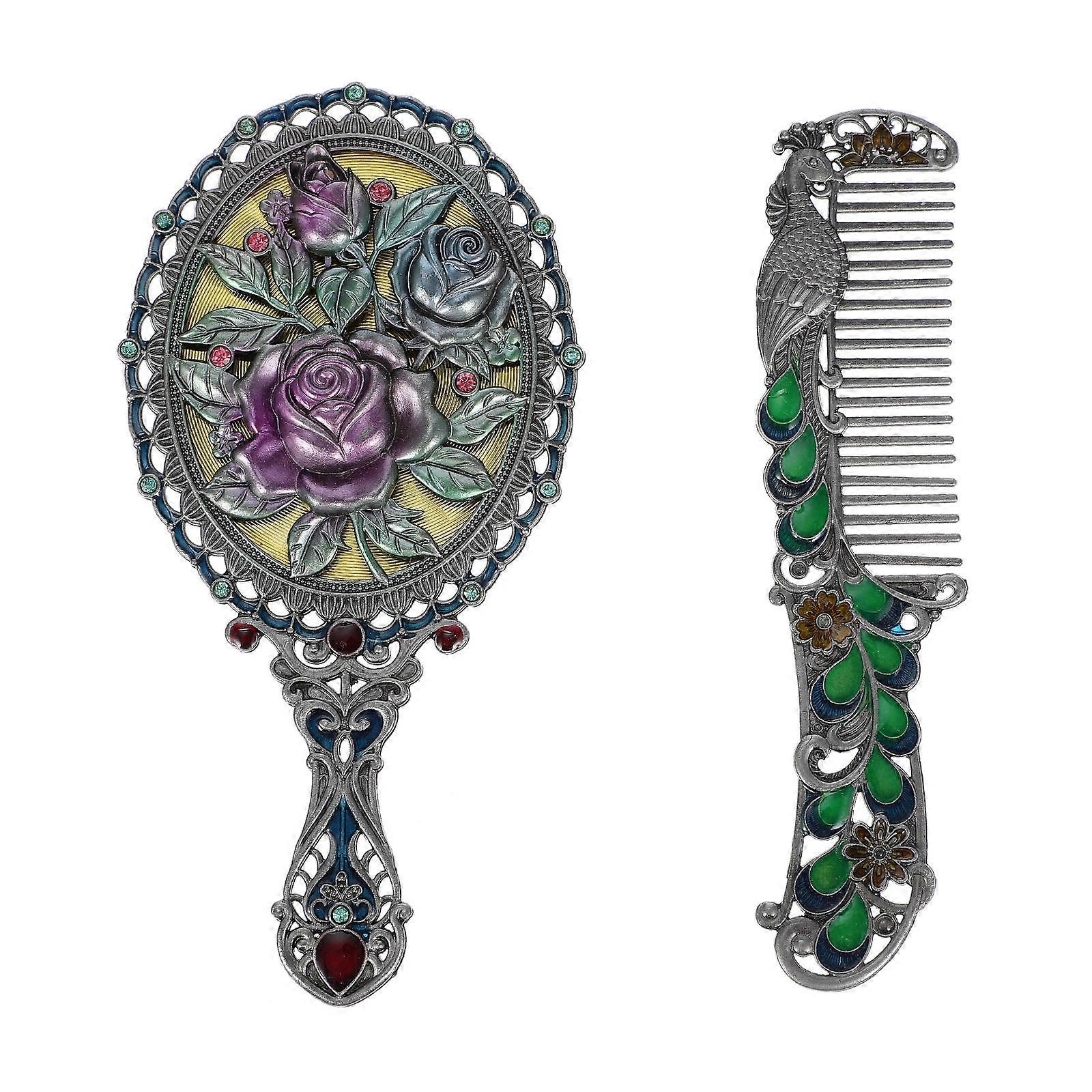 Decorative Hand Mirror 1 Set Of Retro Makeup Mirror And Comb For Travel 5.3X2.8X0.2In Zinc Alloy Modern Design