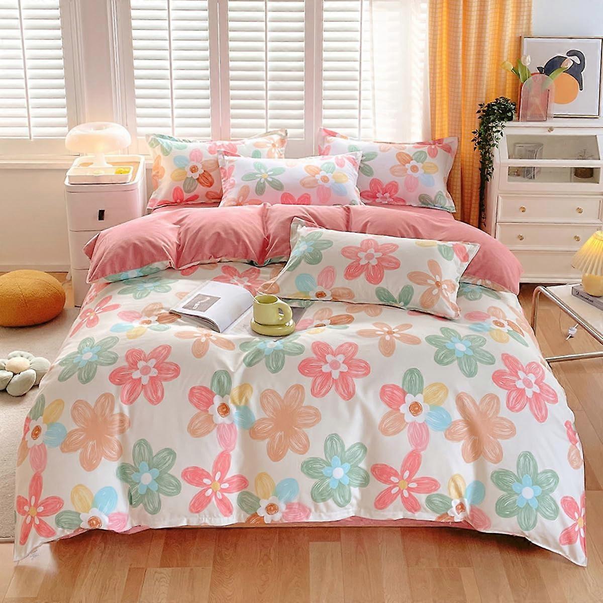 Four-Piece Cotton Bedding Set with Plant and Floral Patterns, Includes Duvet Cover, Sheet, and Pillowcases for 150cm Beds, Color A