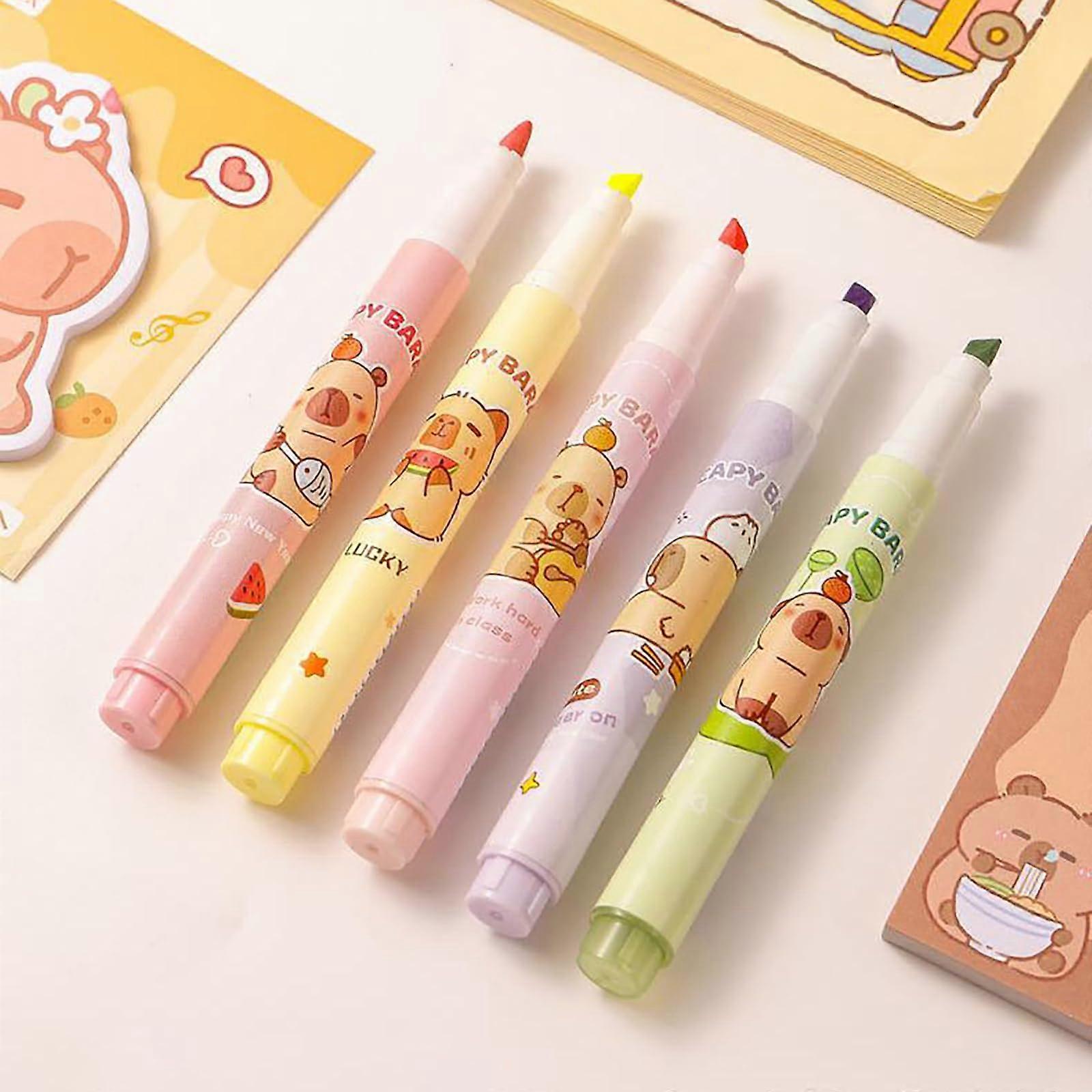 Capybara Highlighter Pens Set of 6 Cute Cartoon Quick Dry Smooth Ink Stationery for School and Office Use