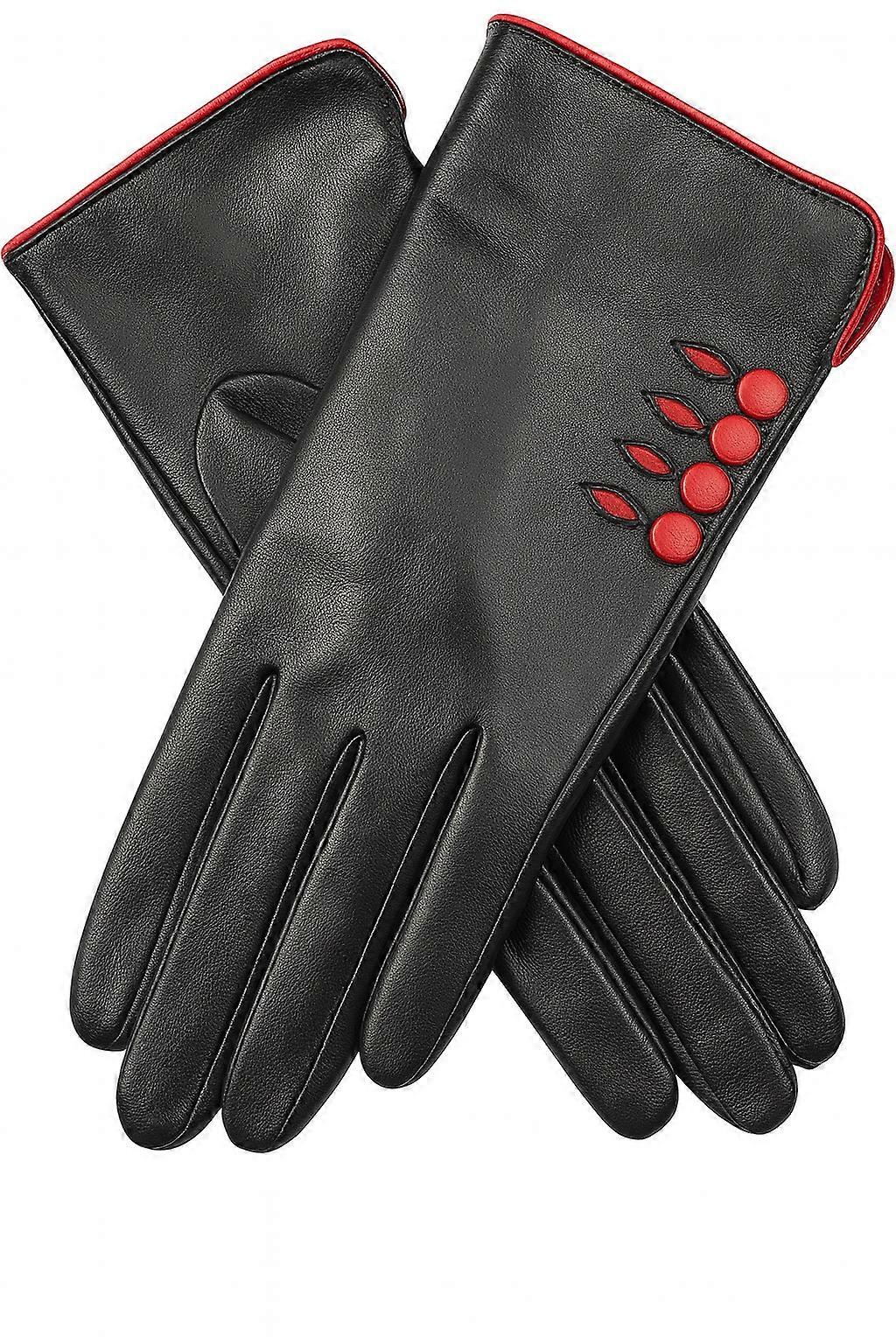 Dents Womens Leather Gloves w/ Button Detail Piped Cuff & Silk Feel Lining