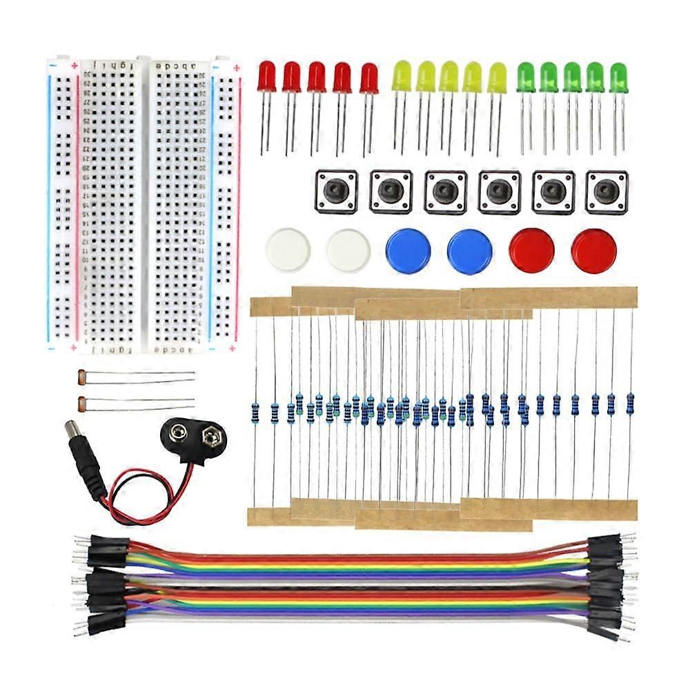 "Electronic Starter Kit with Breadboard, 20 LED Lights, Jumper Wires, and Push Button for Basic Circuit Projects"