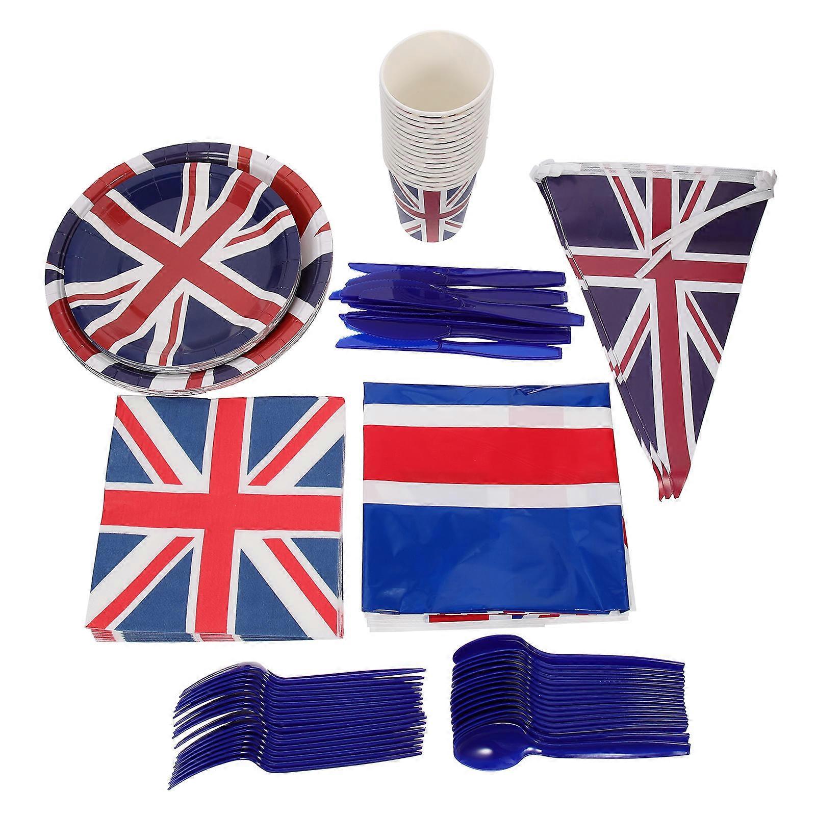 1 Set Union Jack Printing Paper Utensil Banner Tablecloth Kit