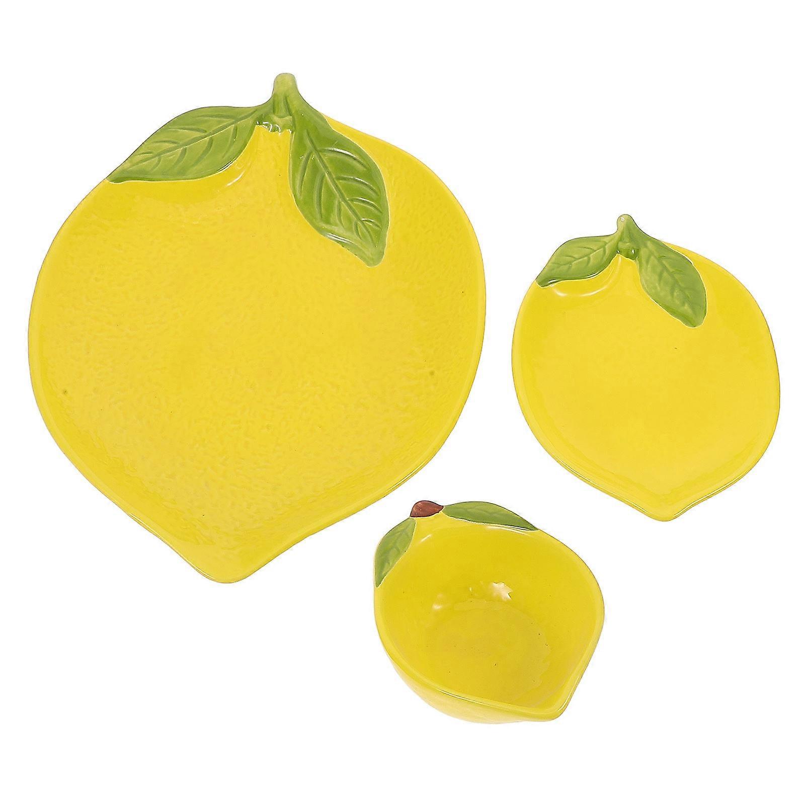 Cute Lemon Ceramic Dinnerware Set For Home Kitchen Dining Table 25X17X3CM 15X10.5X2CM 10X7X4CM Perfect For Serving Fruits 3Pcs