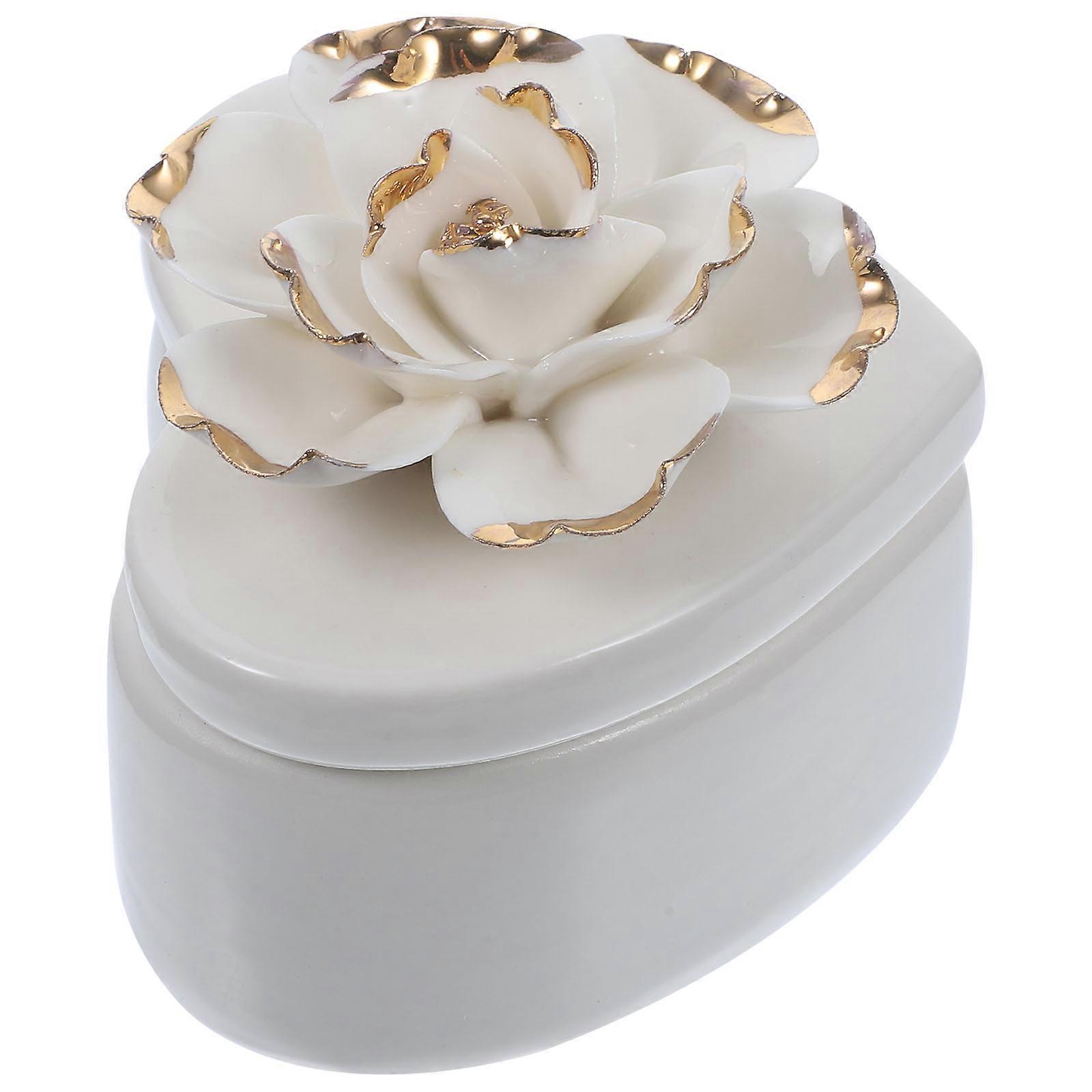 White Ceramic Jewelry Box for Storage with Design and Enough Capacity for Earrings Rings