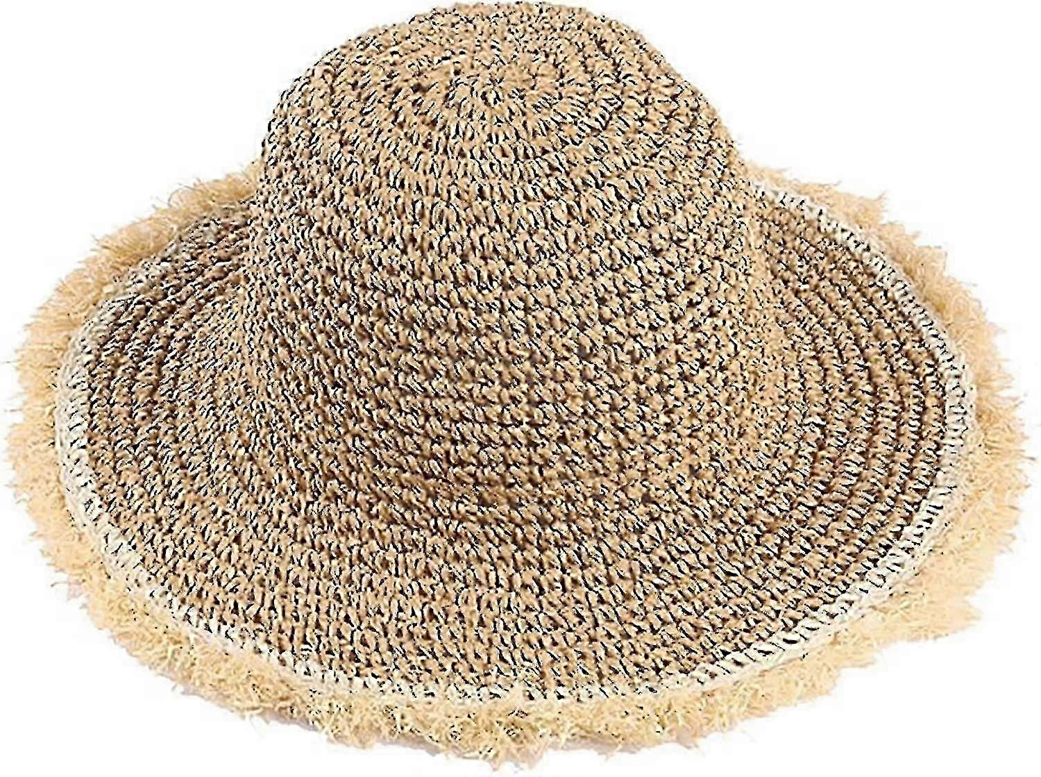 Womens Summer Straw Bucket Hat, Frayed Wide Brim Beach Hat with 60cm Large Size - Qhzl