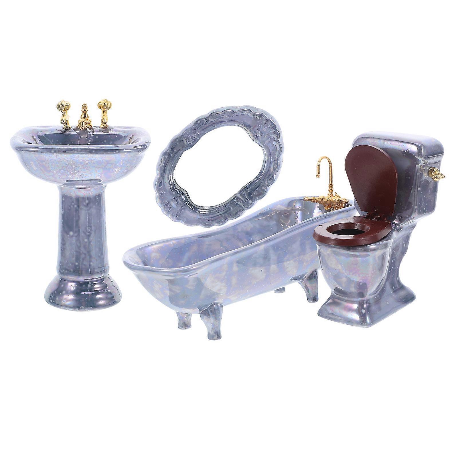 Dollhouse Bathroom Furniture Set 1 Set Features Bathtub Toilet Sink and Mirror Assorted Color for Collection Display