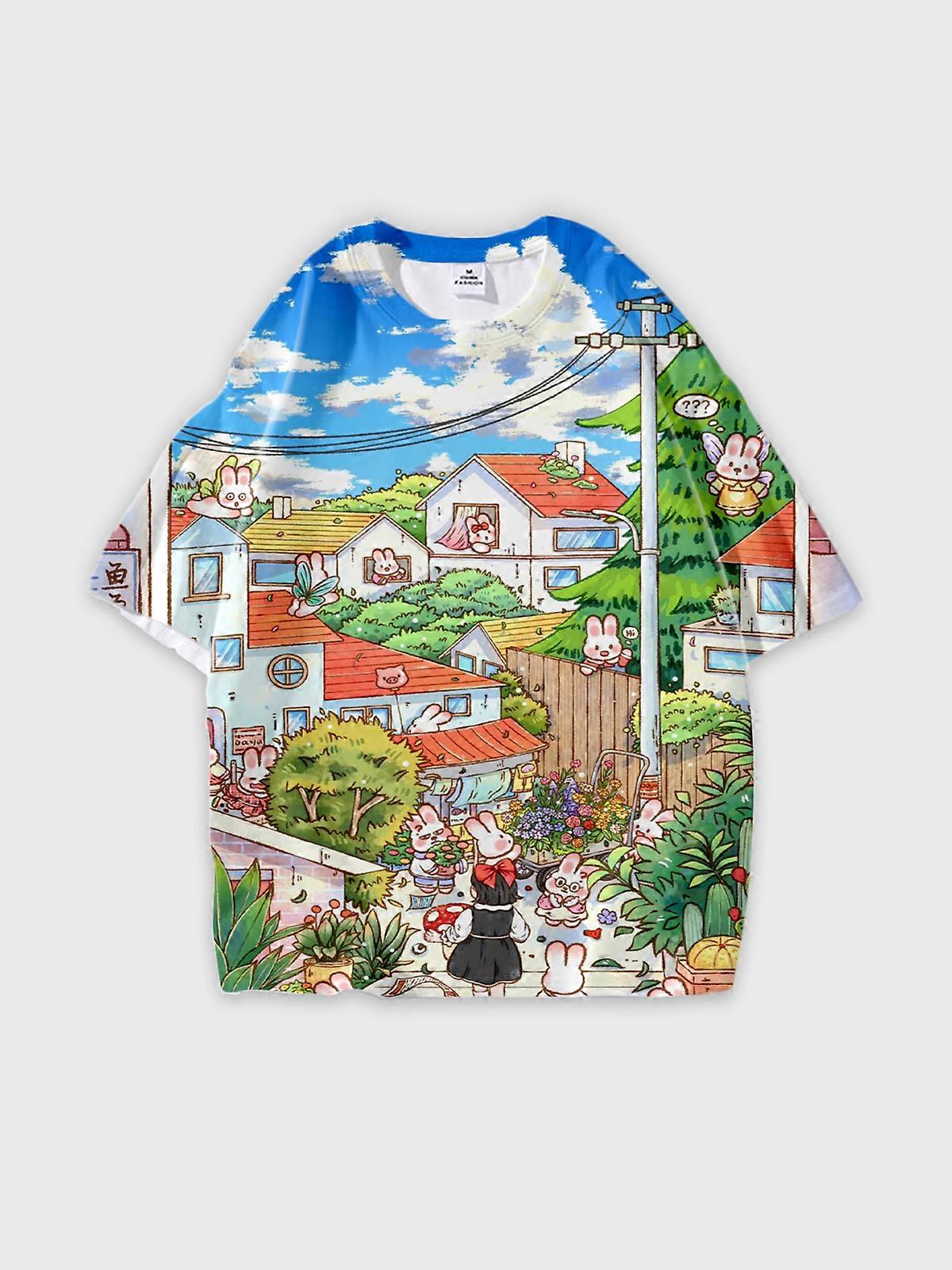 T-Shirt Round Neck, Loose Short Sleeve Pattern Graphic Tee, Unisex Summer Casual Top W2321