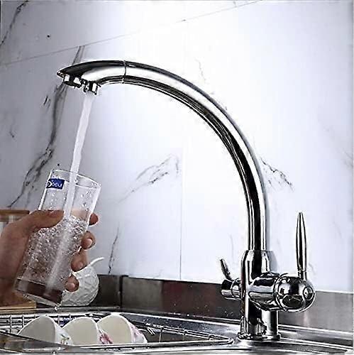 Kitchen Sink Faucet Swivel 360-Degree Rotation With Water Purification Farmhouse Chrome Double-Handle Tri-Flow 3-Way