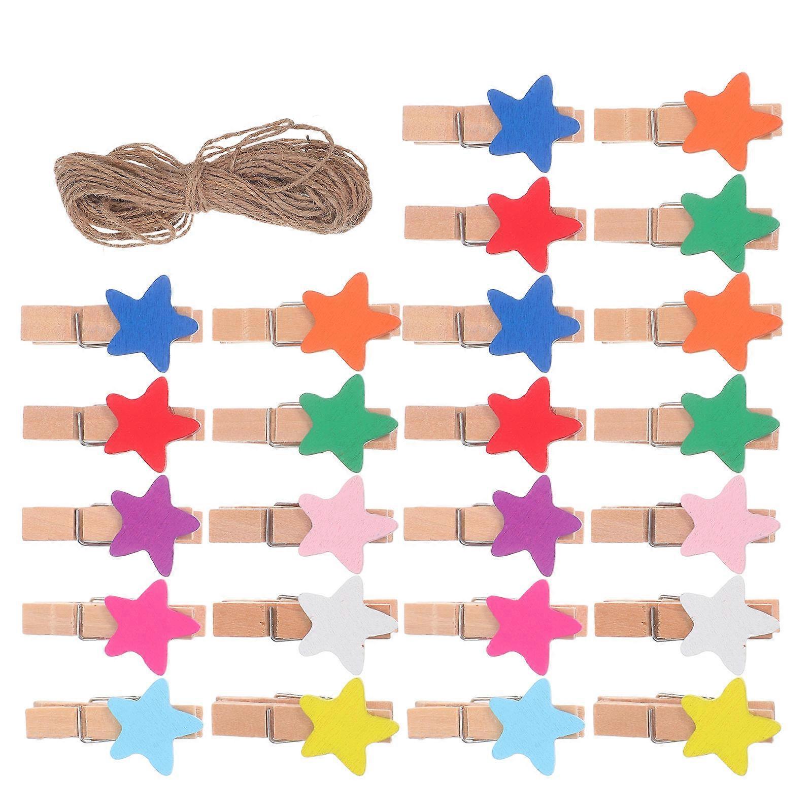 Mini Clothes Pins Five Pointed Star Wooden Clothespins for Hanging Laundry Assorted Color Wood and Jute Rope Suitable for Crafts 150Pcs