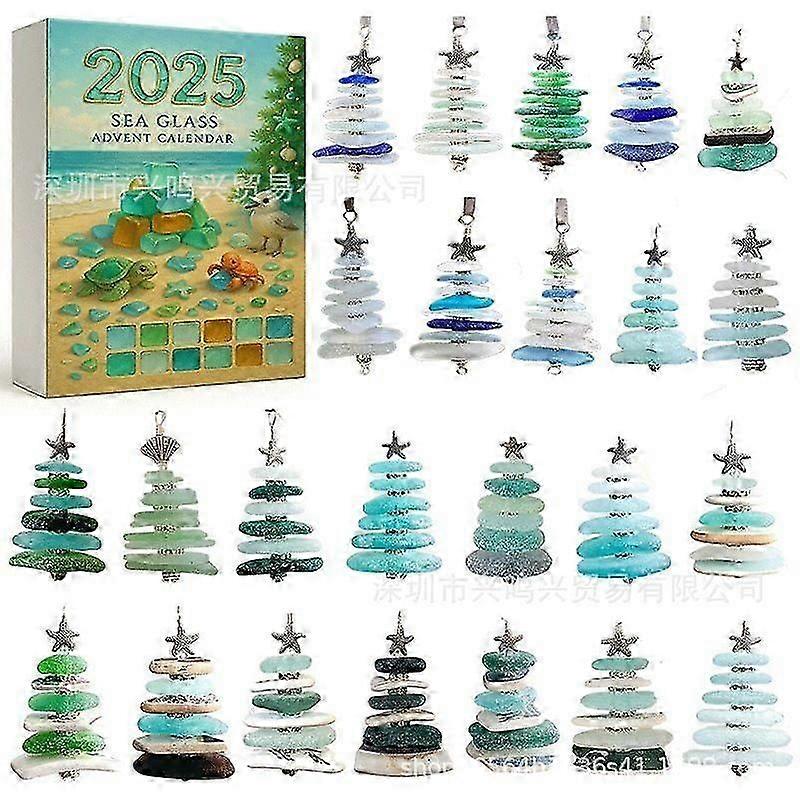Sea Glass Christmas Tree Advent Calendar 2025, 24 Days Xmas Countdown Calendar with 24 Miniature Christmas Tree Ornaments, 2025 Sea Glass Advent Calen