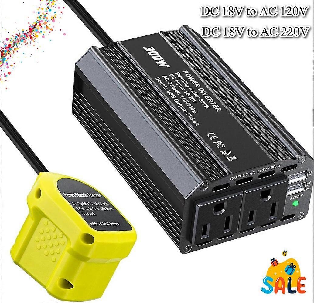 300W Power Inverter DC 18V to AC 220V 120V for Ryobi 18v Battery Inverter Portable Power Station Generator with 2 AC 2 USB Ports