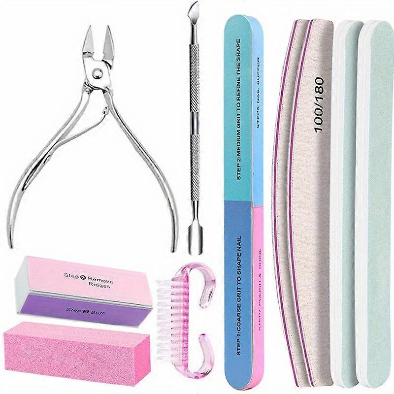 10Pcs/lot Nail Art 100/180 Grit Professional Files Buffer Sponge Block Brush Nail Scissors Kit With Cuticle Nipper Pushers Manic