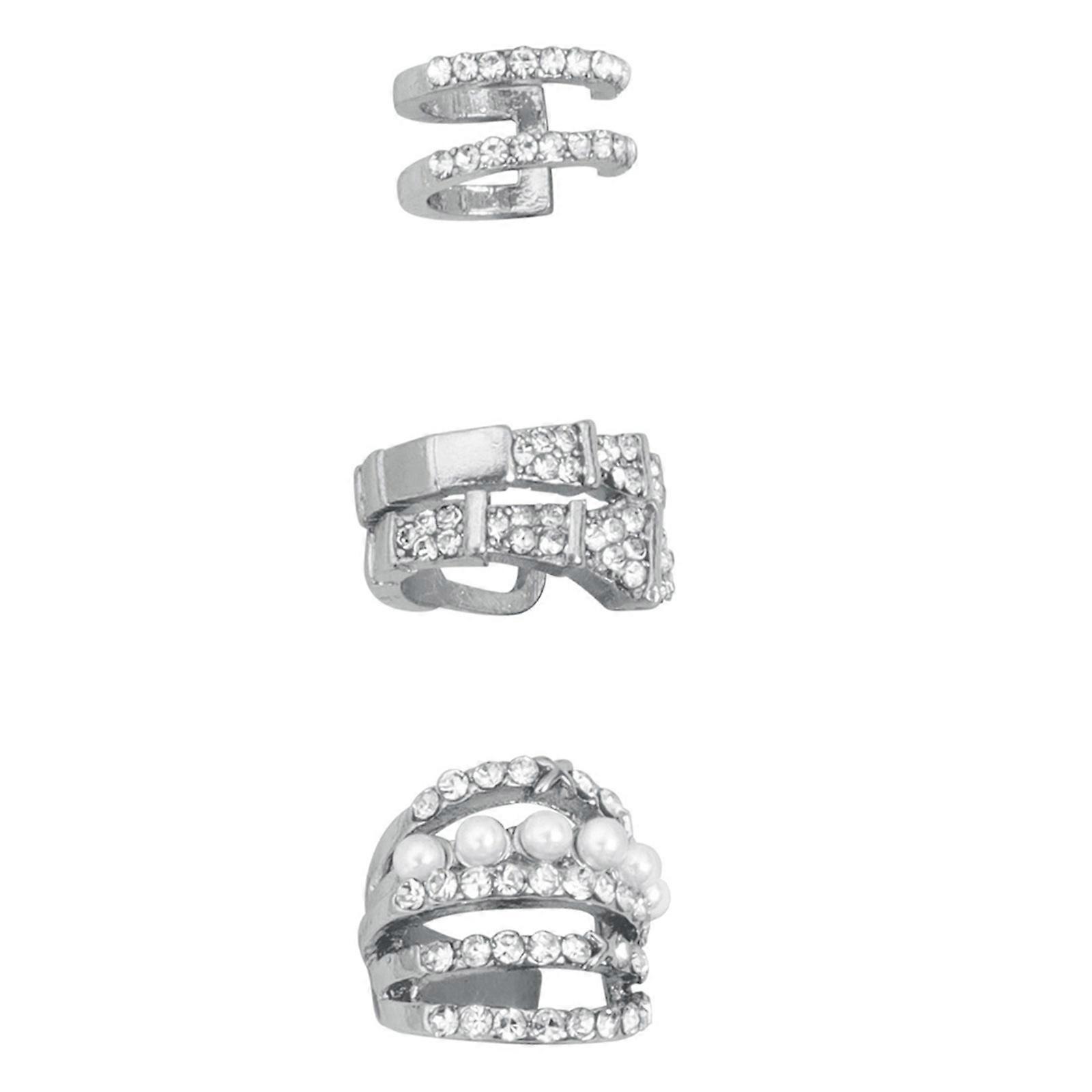 Set of 3 Crystals Encrusted U Shaped Ear Clip with Imitation Pearls Comfortable Ear Accessories Multicolor